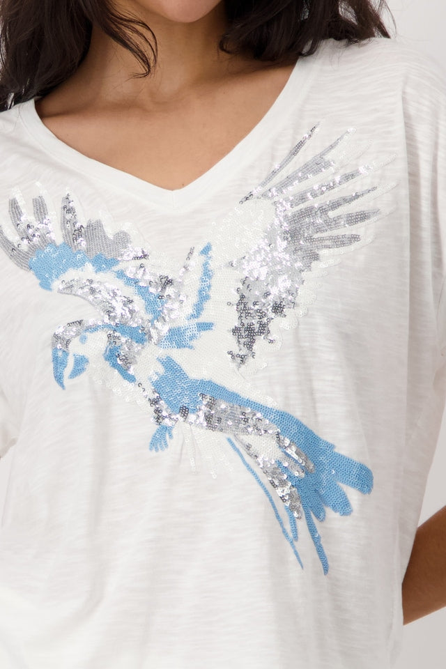 White Blue Bird Top