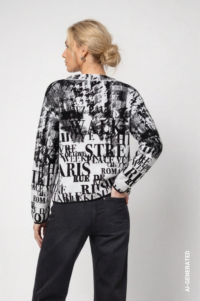 Black Jumper With Letter Jacquard Pattern