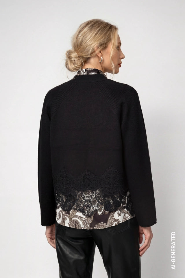 Black Cardigan With Lace Trim