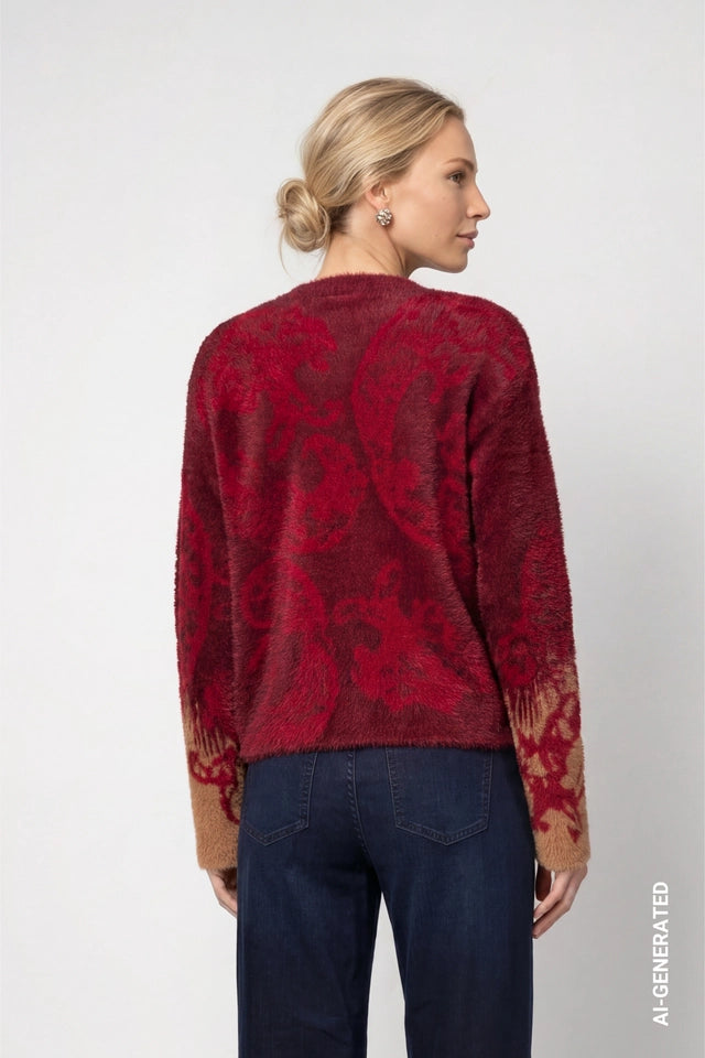 Red Dahlia Pattern Knitted Jumper With Paisley Pattern