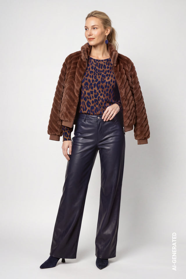 Classic Navy Long-sleeve Shirt With Leopard Pattern