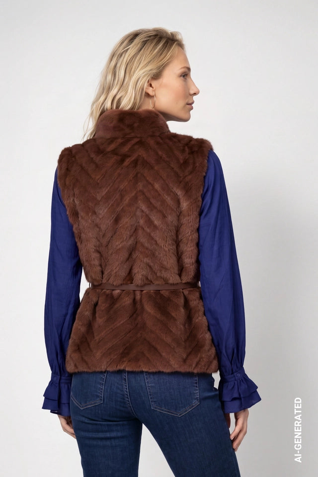 Dark Tiramisu Waistcoat Faux fur With Waist Belt