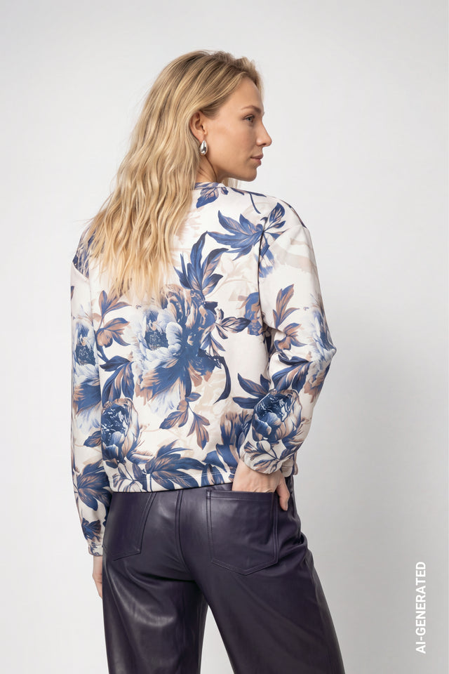 Navy And Cream Sweatshirt With Floral Pattern