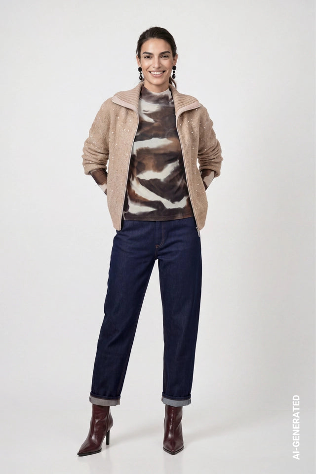 Chocolate Brown Mesh Long-sleeve Top With Tie-dye Effect