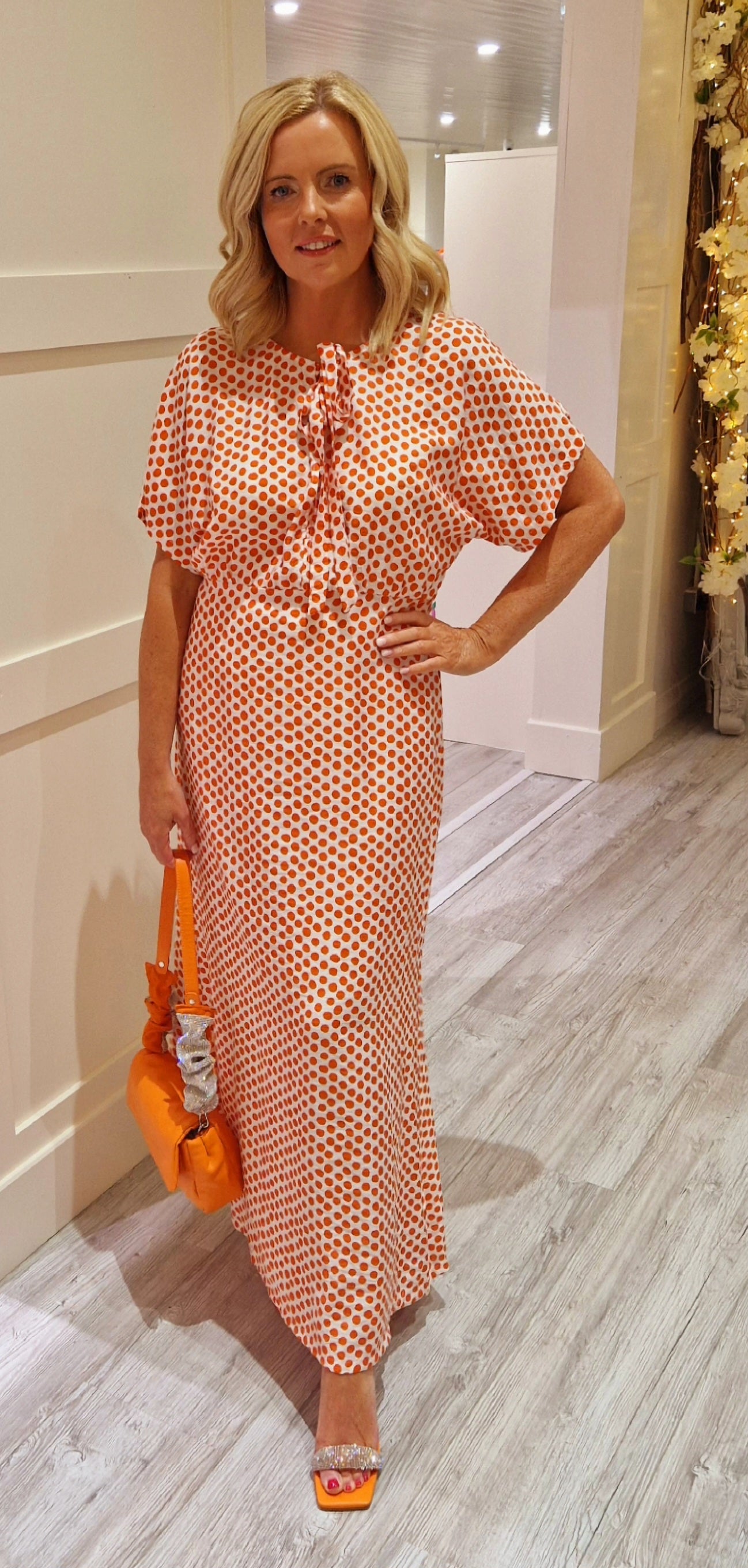 Lenu Orange Polka Dot Midi Dress