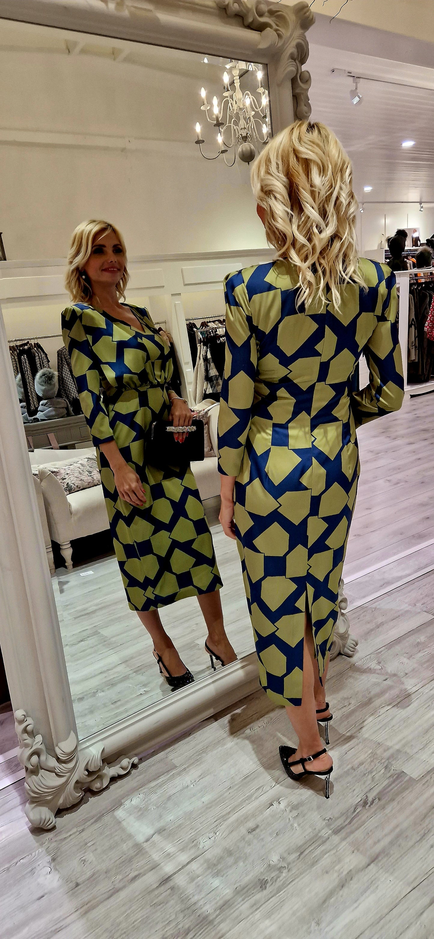 Green And Navy Midi Dress With Geometric Print