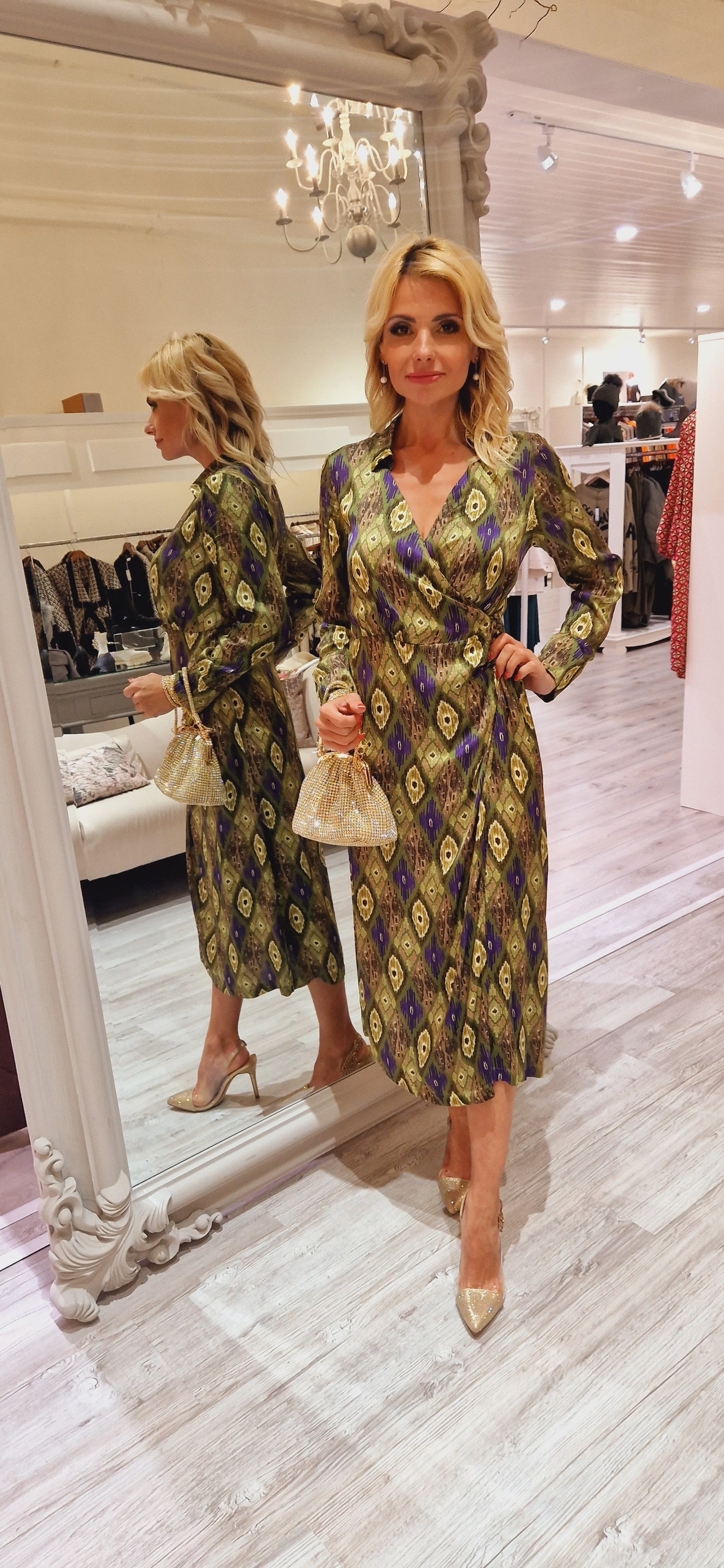 Green Printed Wrap Midi Dress