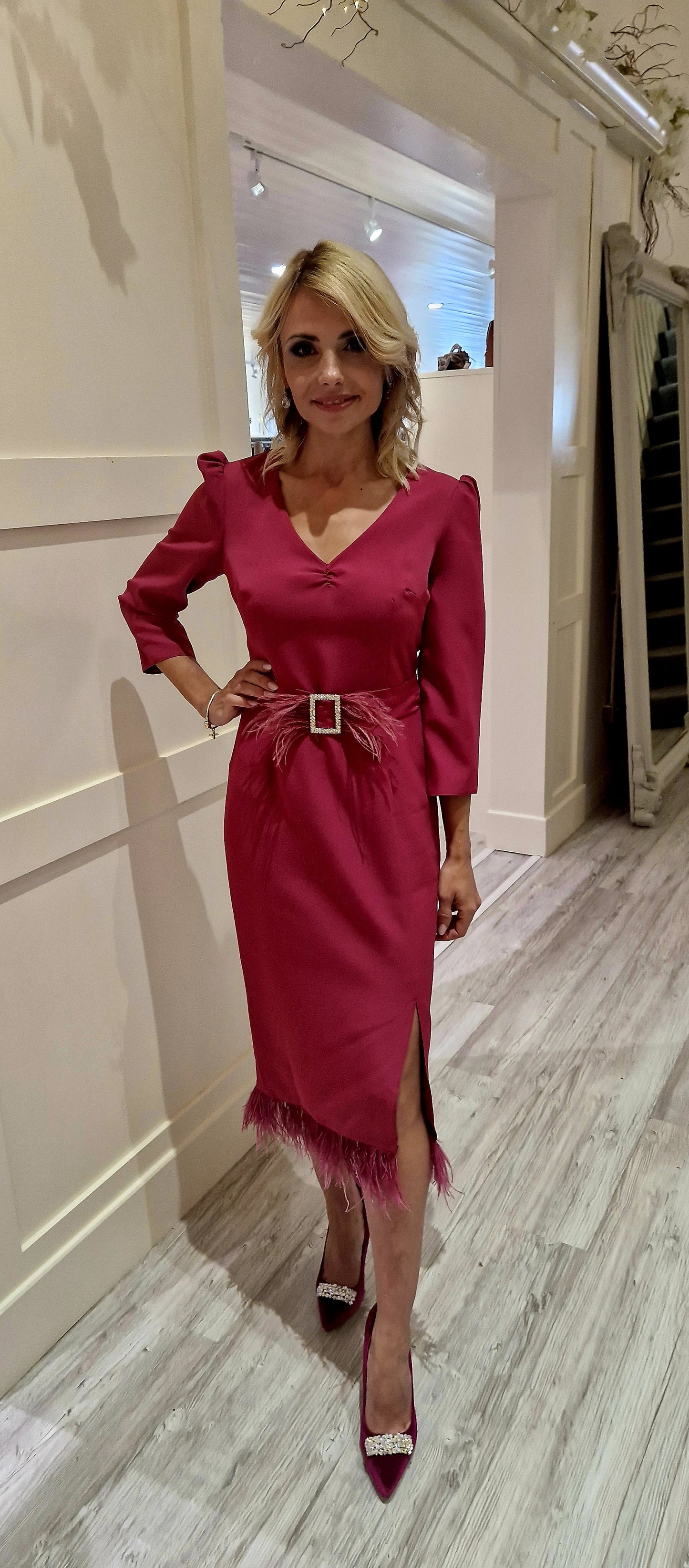 Magenta Midi Dress With Feather Trim