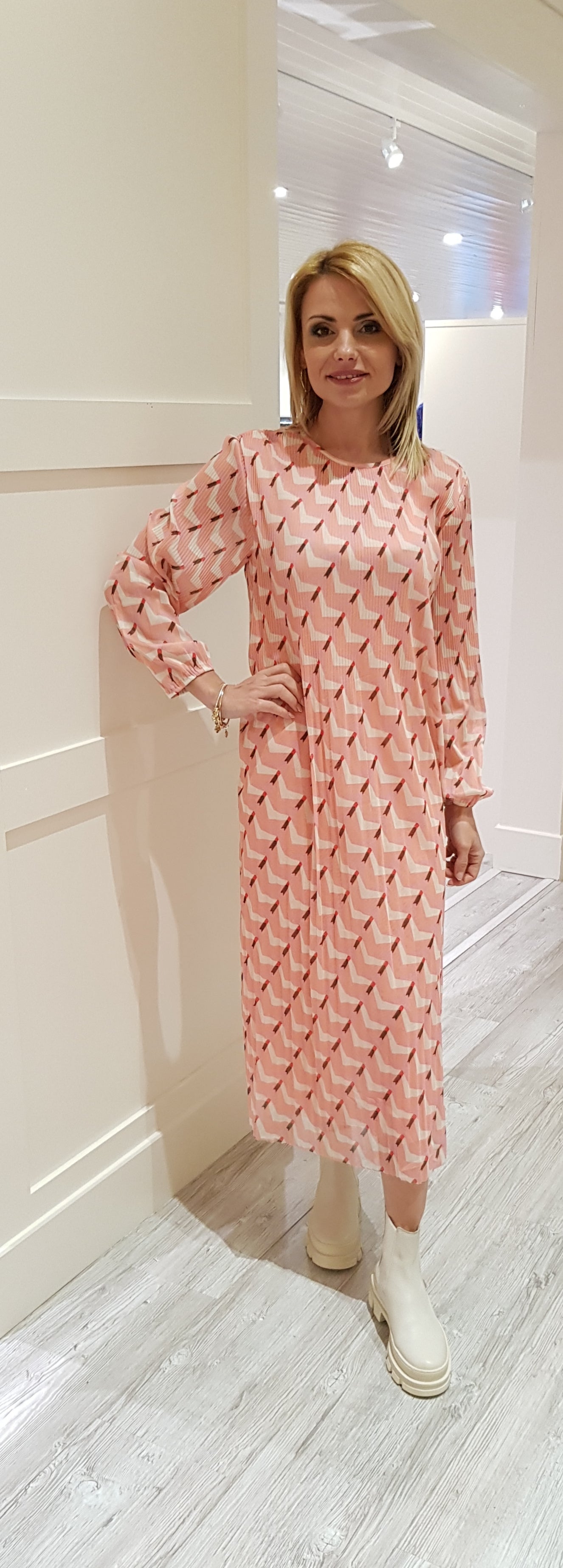 Pink Printed Mesh Midi Dress