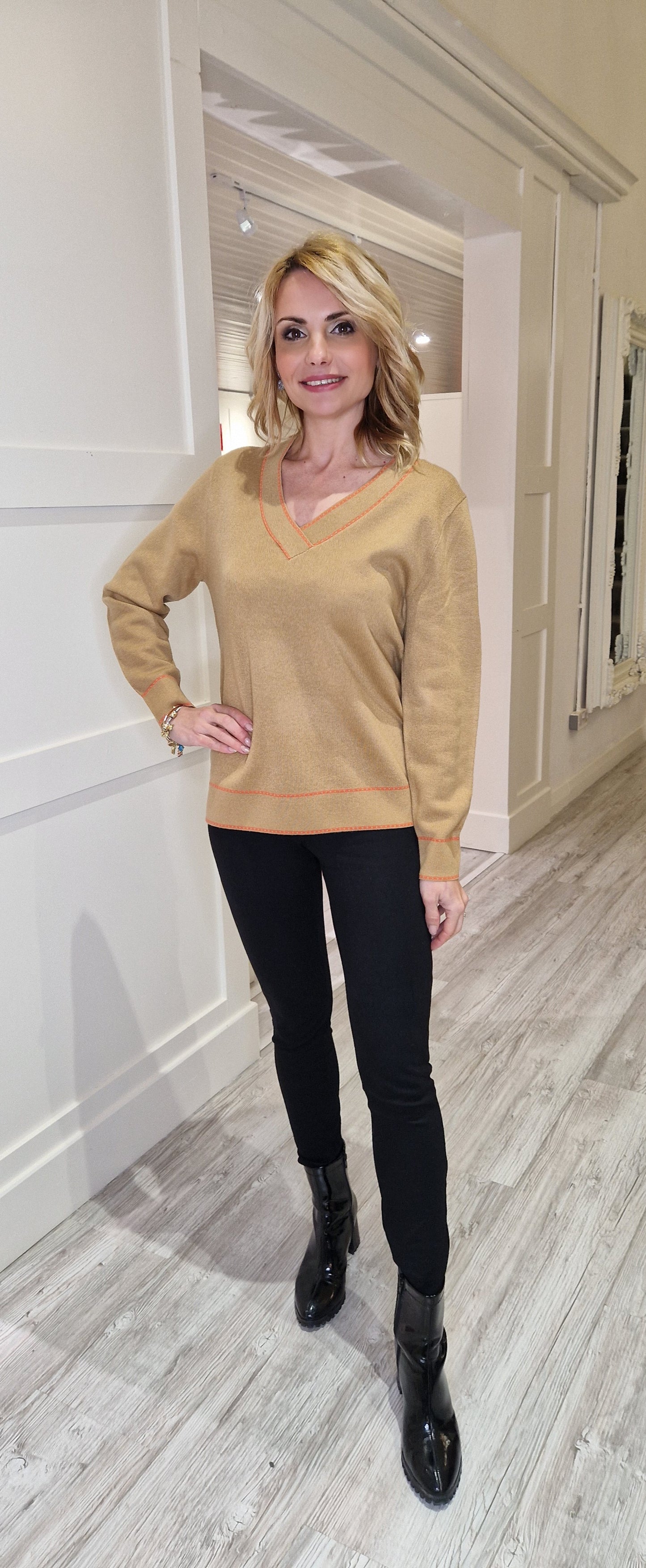 Camel Knit Jumper With Orange Trim