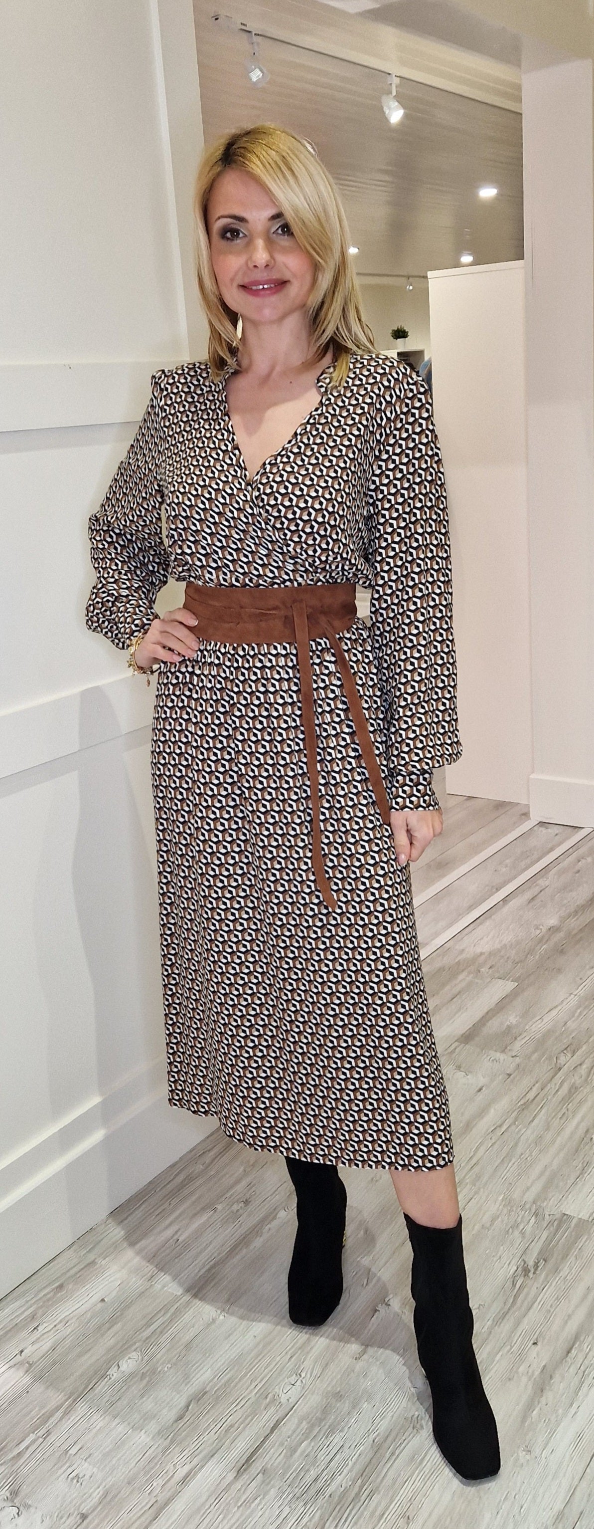 Brown Midi Dress With Graphic Print