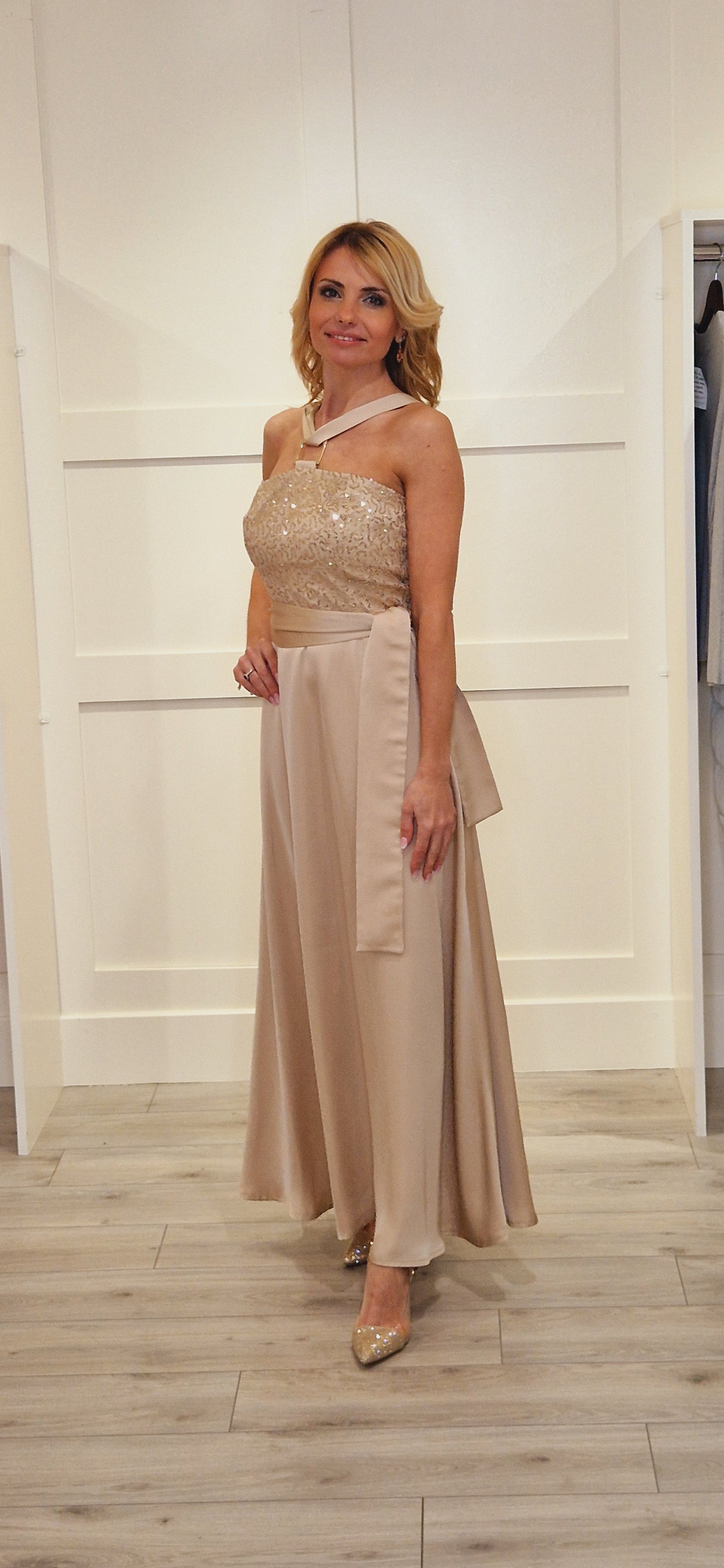 Beige Midi Dress With Sparkly Detail