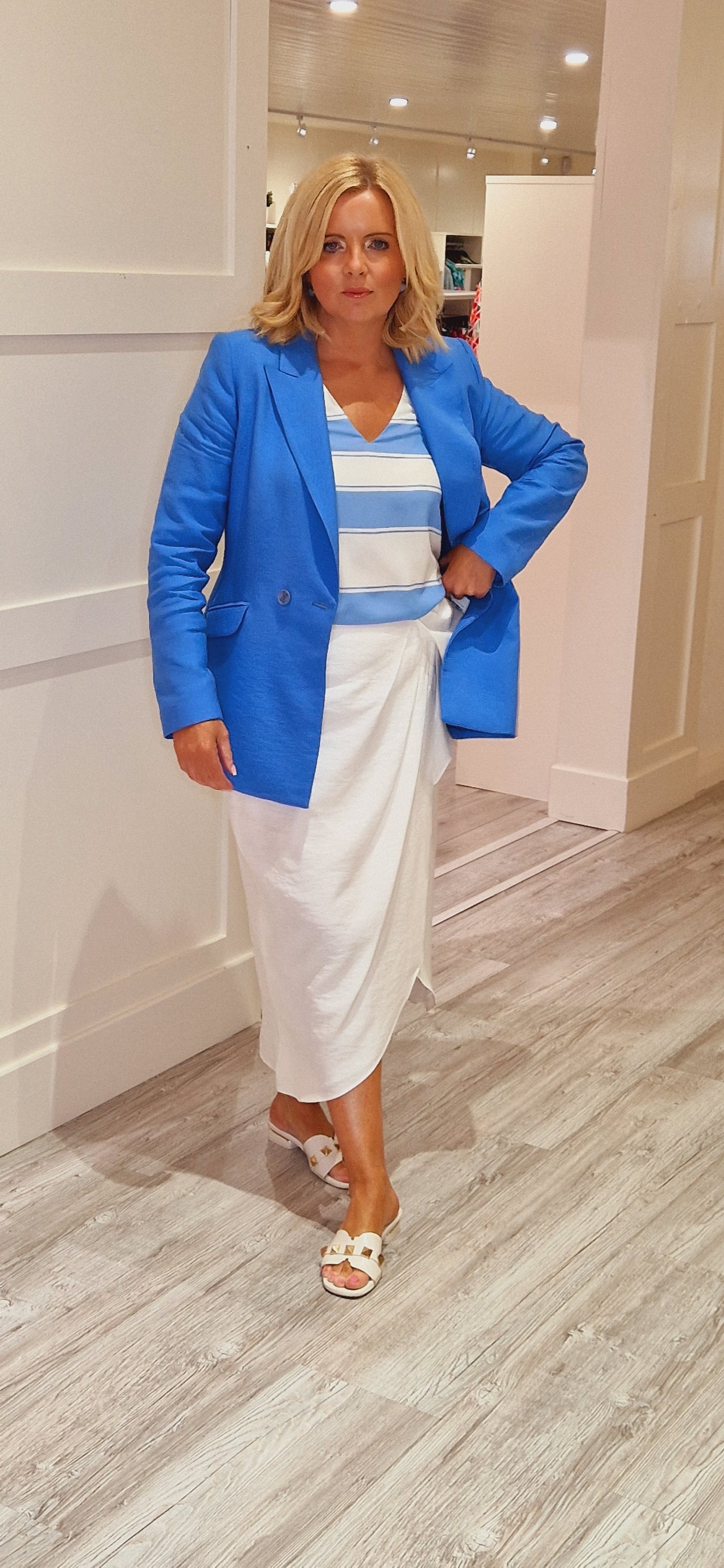 Cream And Blue Striped Top