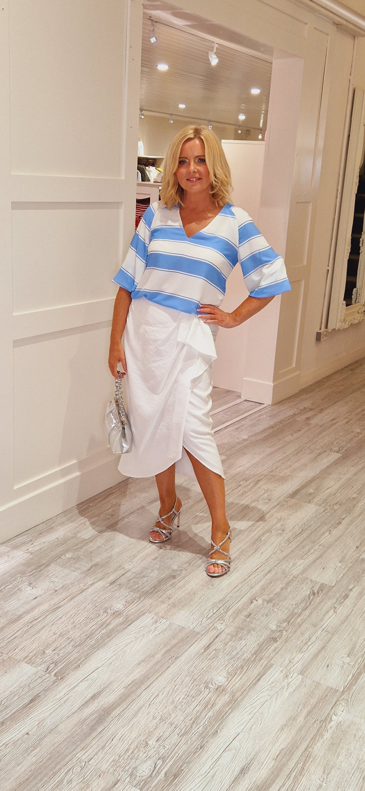 Cream And Blue Striped Top