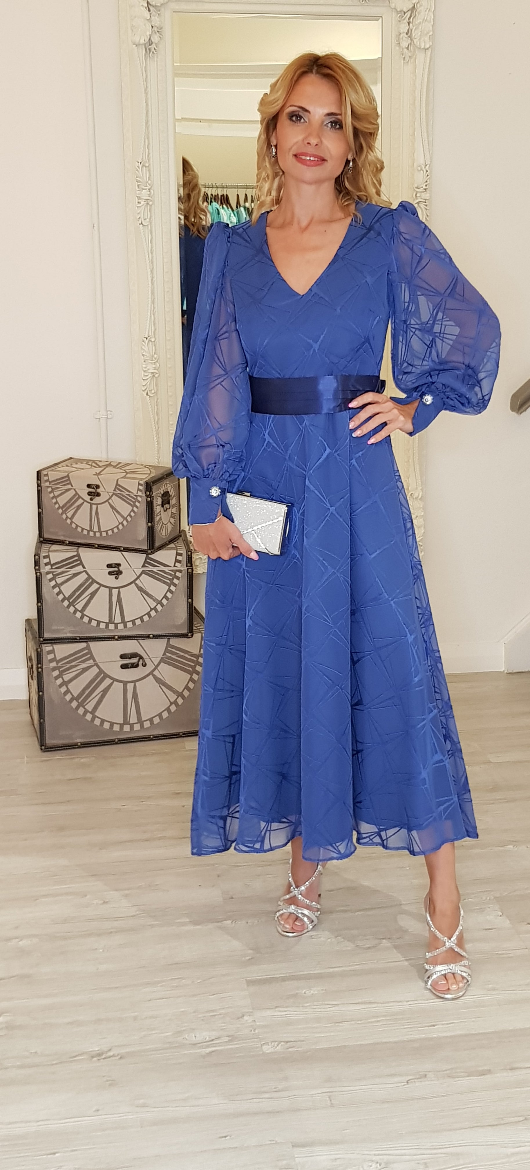 Navy Midi Dress With Geometric Print – Style Kloset Boutique Galway