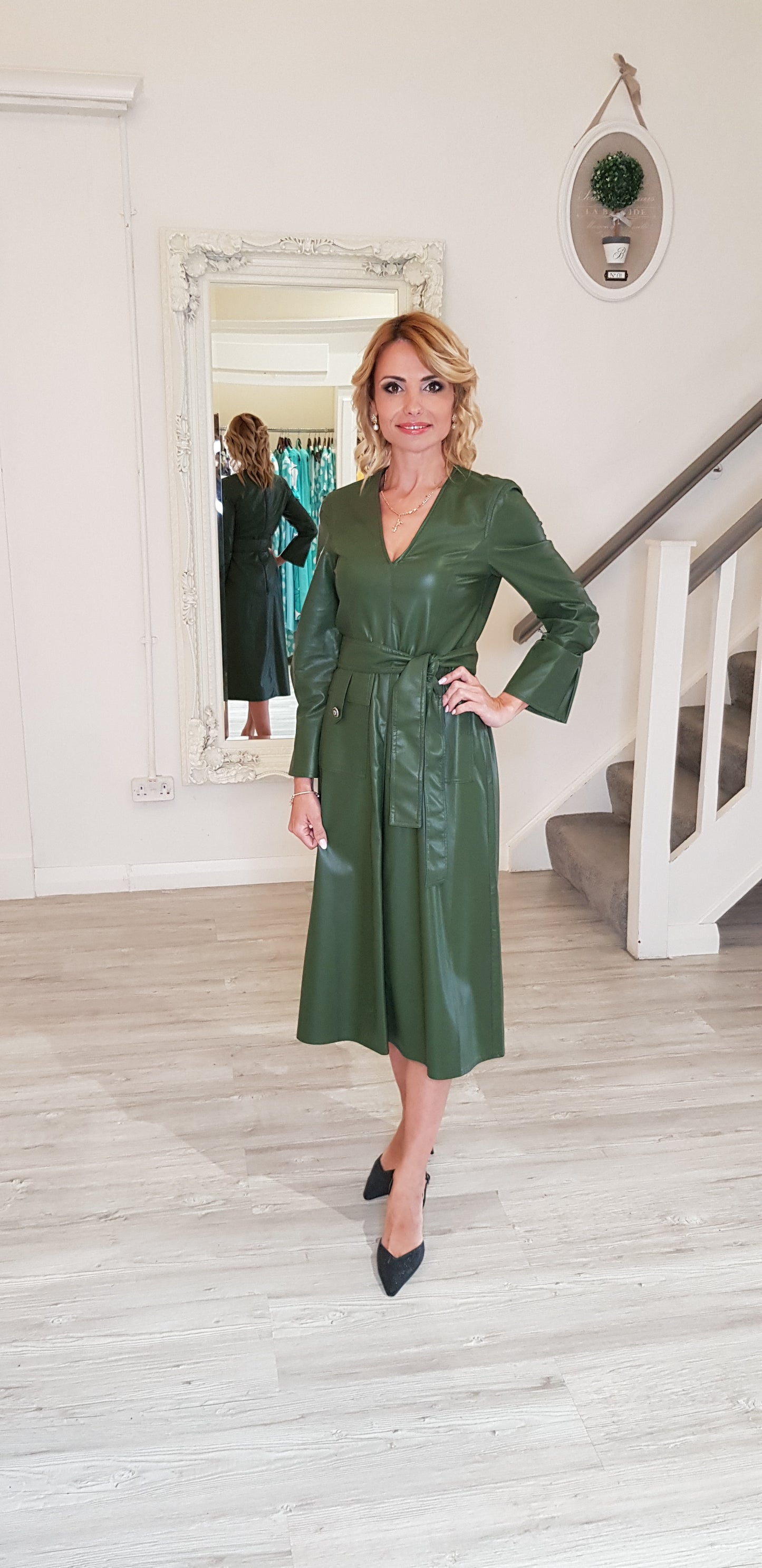 Green Faux Leather Midi Dress