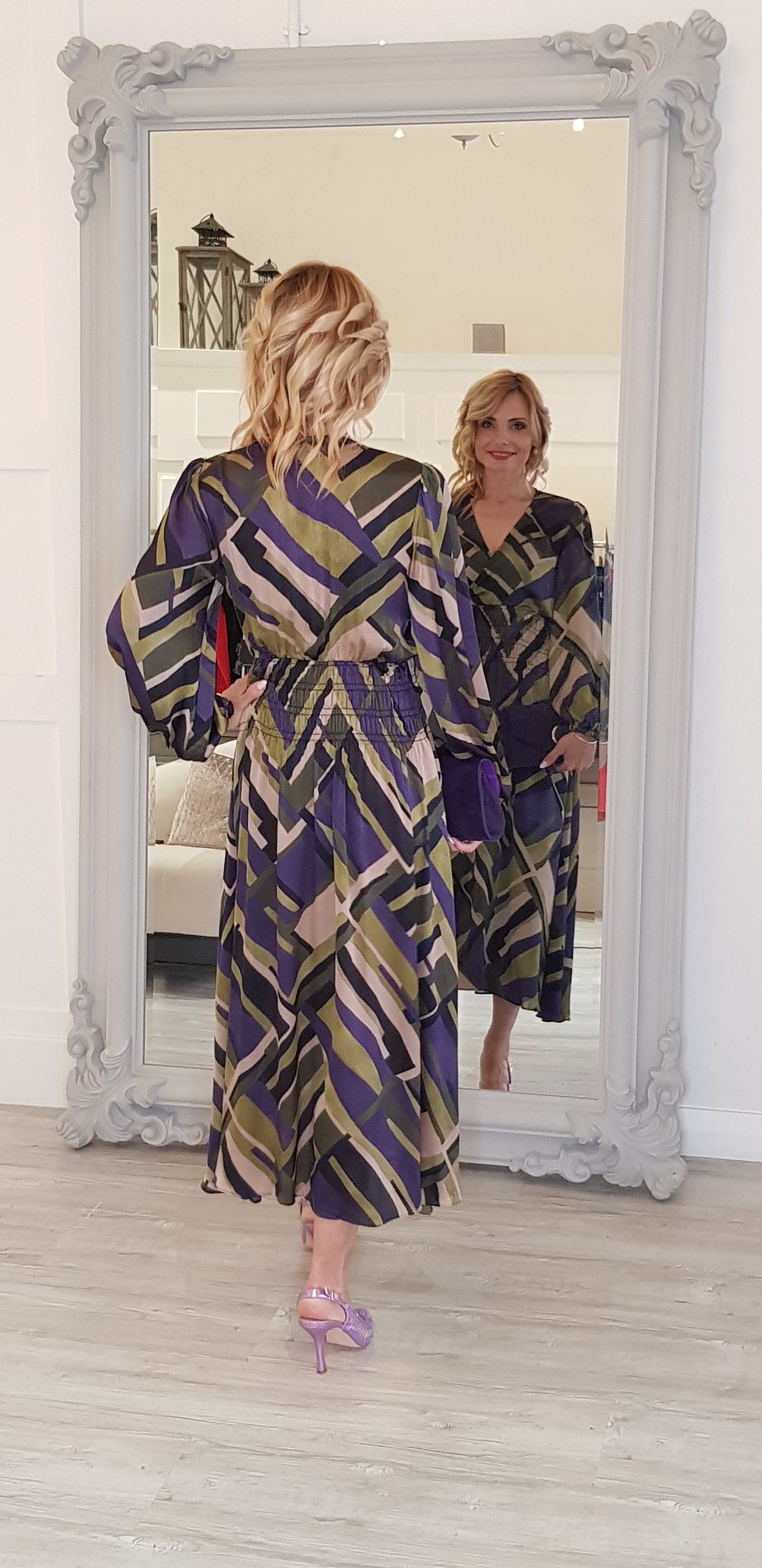 Green And Purple Printed Midi Dress
