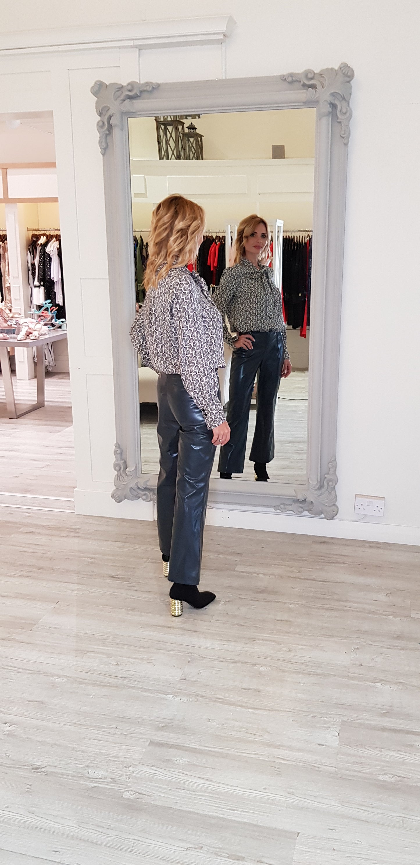 Dusty Blue Leather Look Trousers