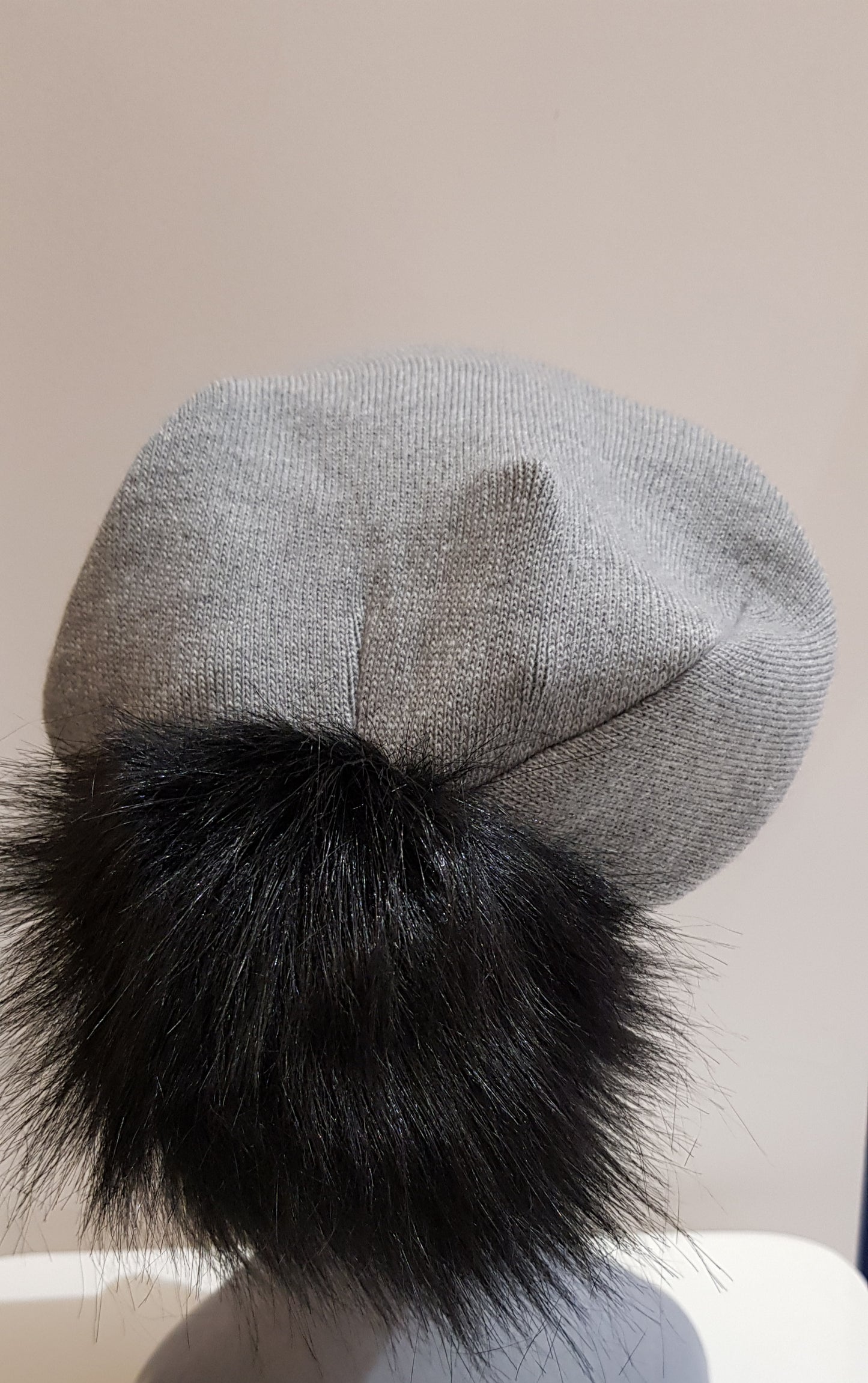Grey Knit Hat With Hanging Pompom
