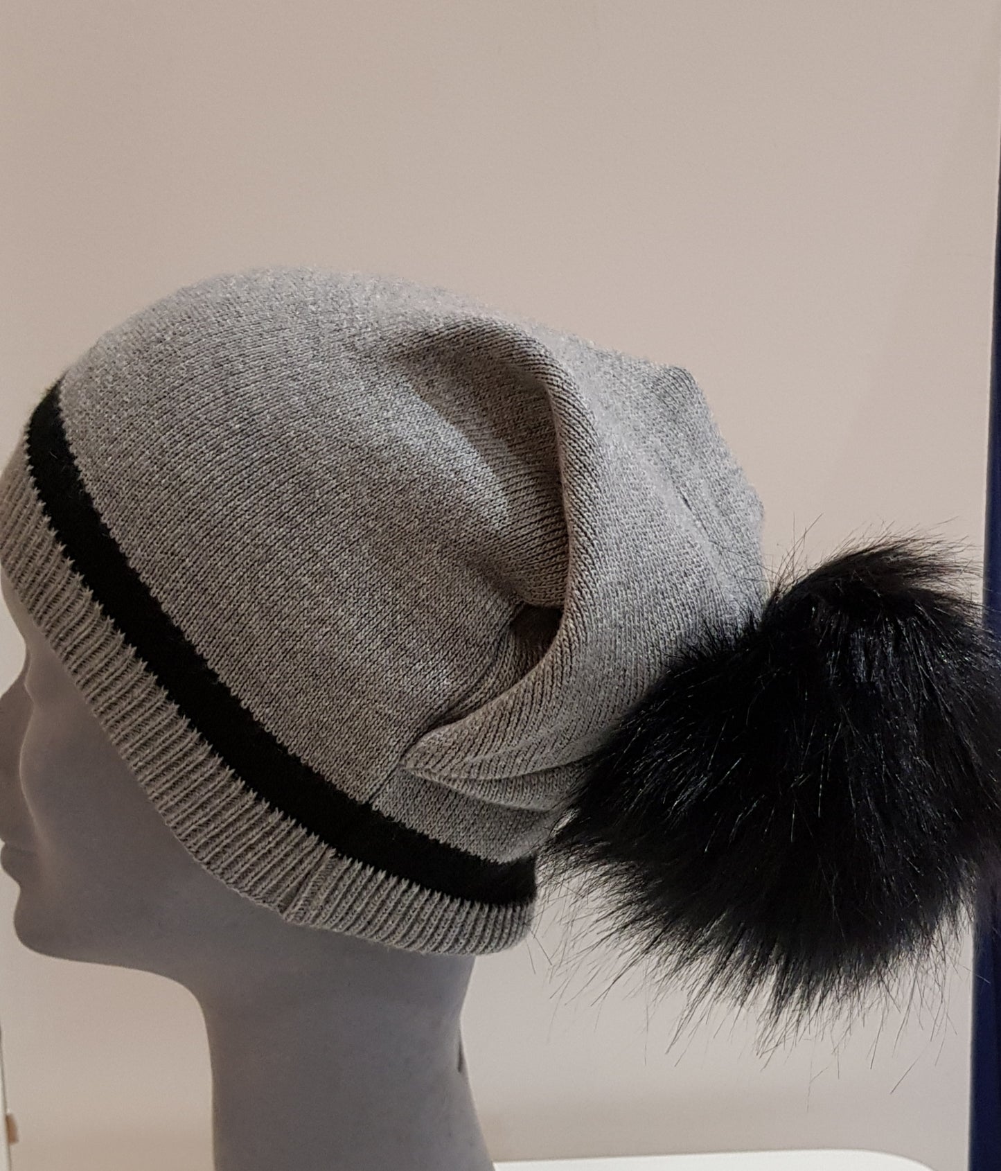 Grey Knit Hat With Hanging Pompom
