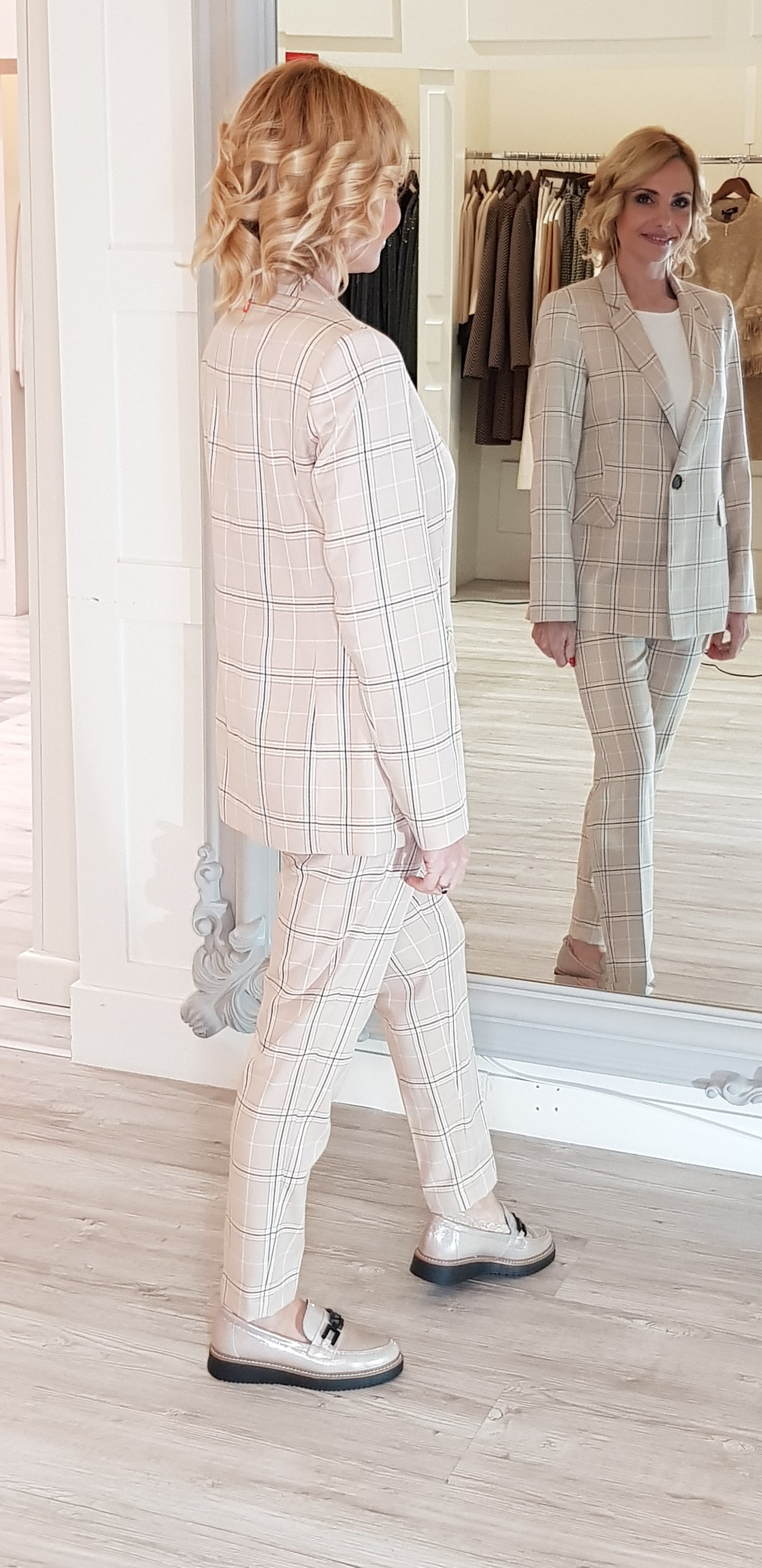 Beige Blazer With Check Print