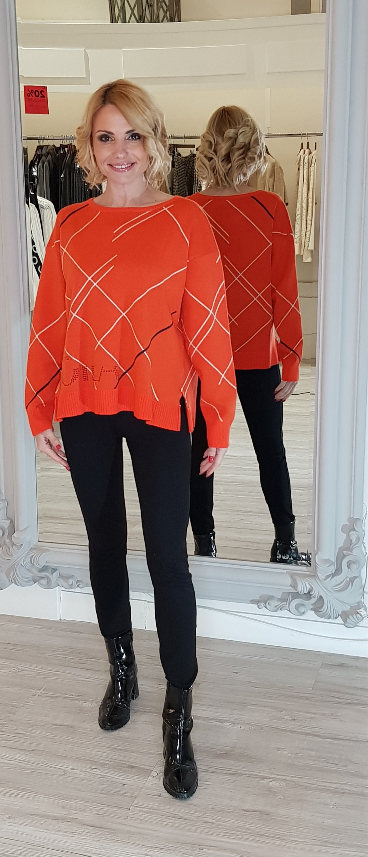 Orange Knit Jumper With Check Pattern