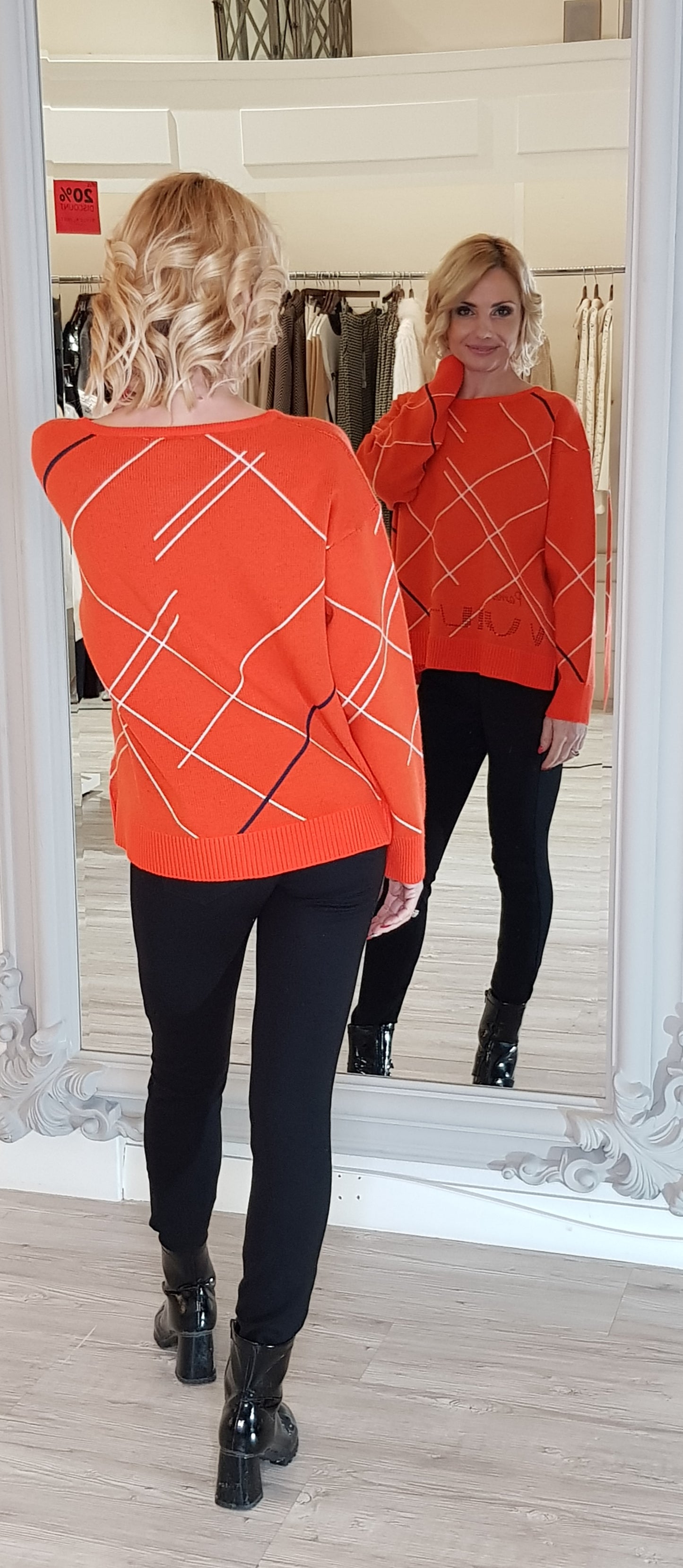 Orange Knit Jumper With Check Pattern