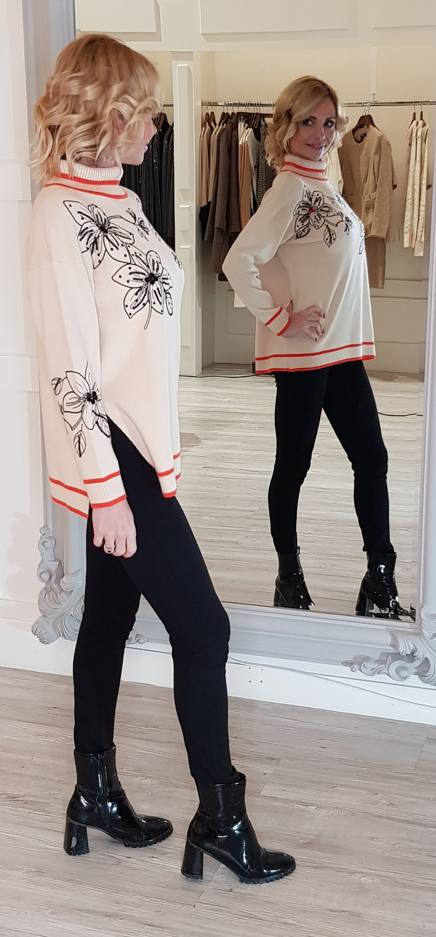 Beige Knit Jumper With Flower Pattern