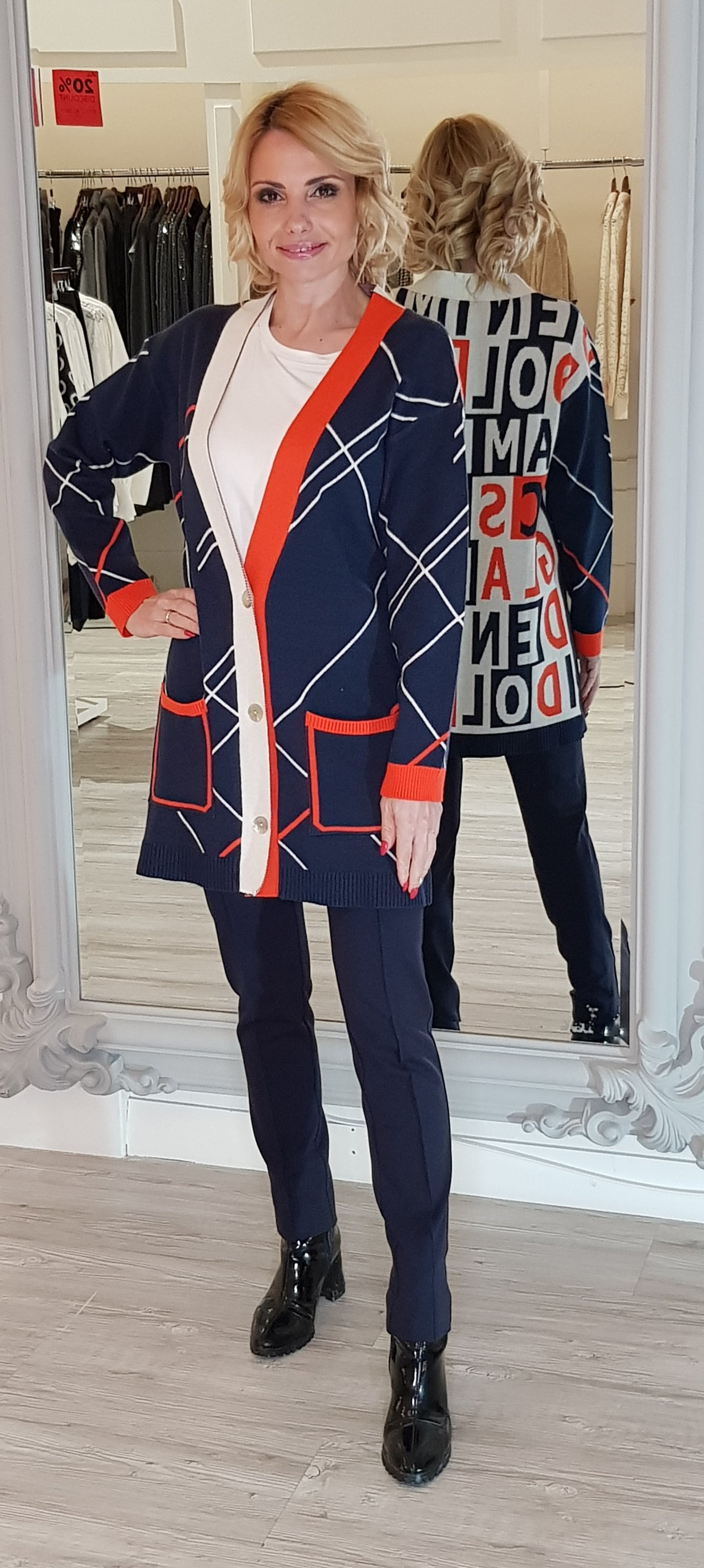 Navy Knit Cardigan With Check Pattern