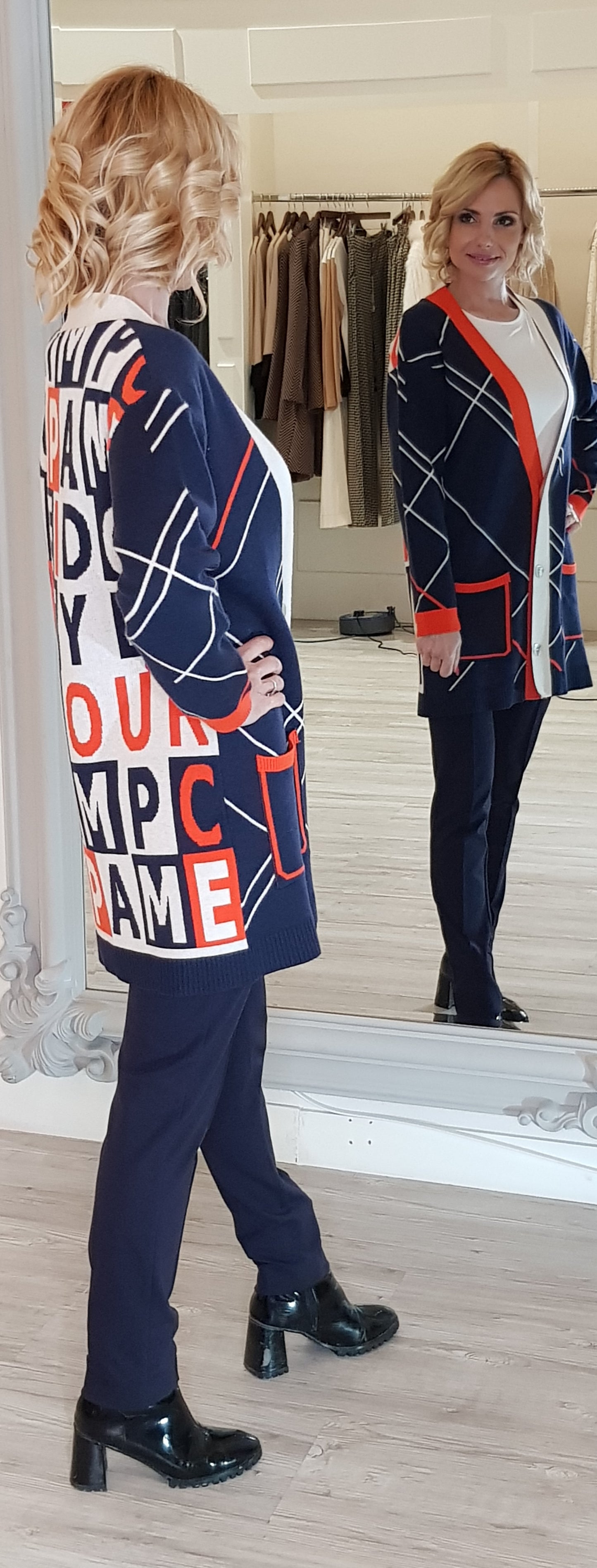 Navy Knit Cardigan With Check Pattern