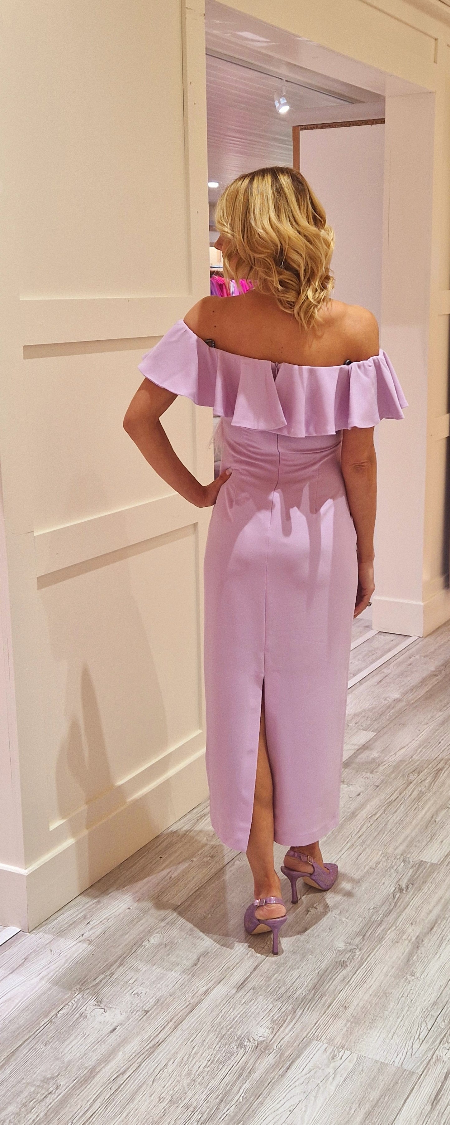 Lavender Midi Dress With Feathers