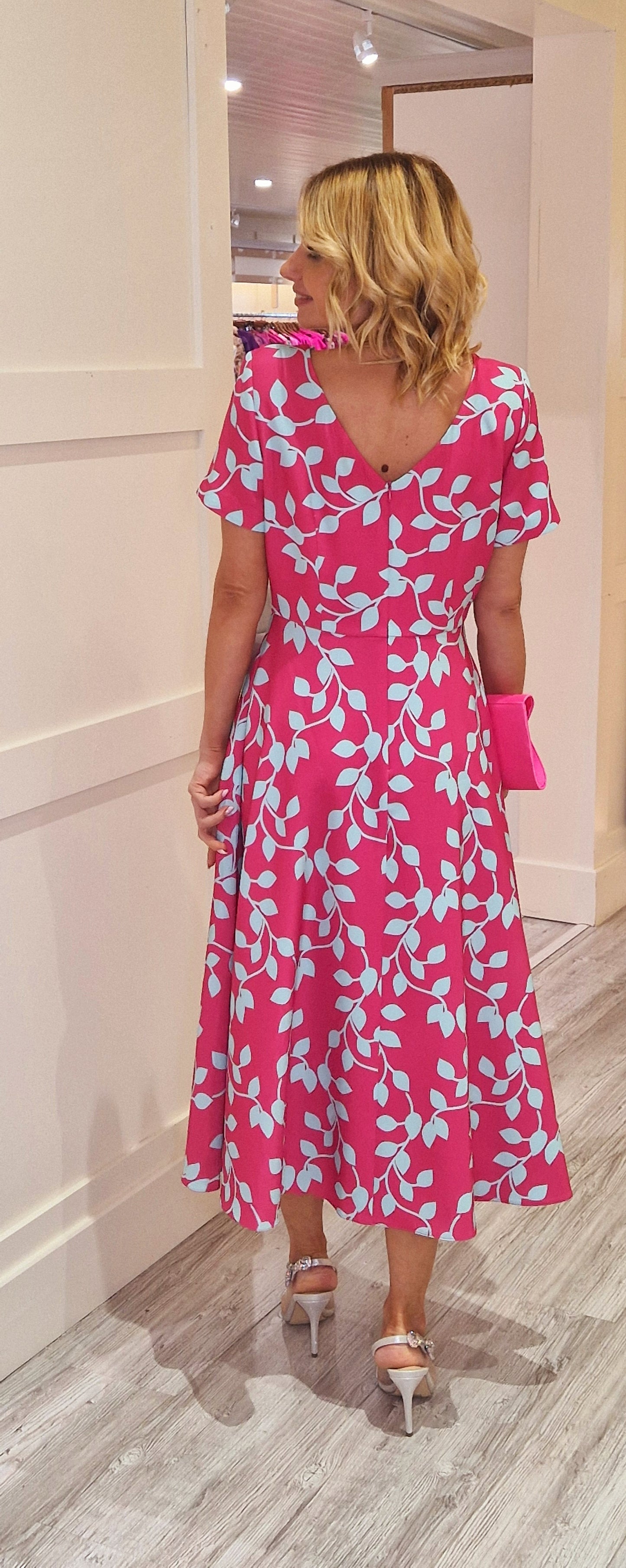 Pink And Blue Printed Midi Dress