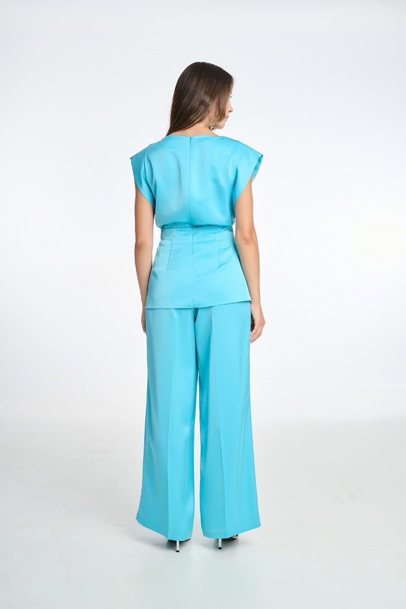 Blue Draped Satin Top