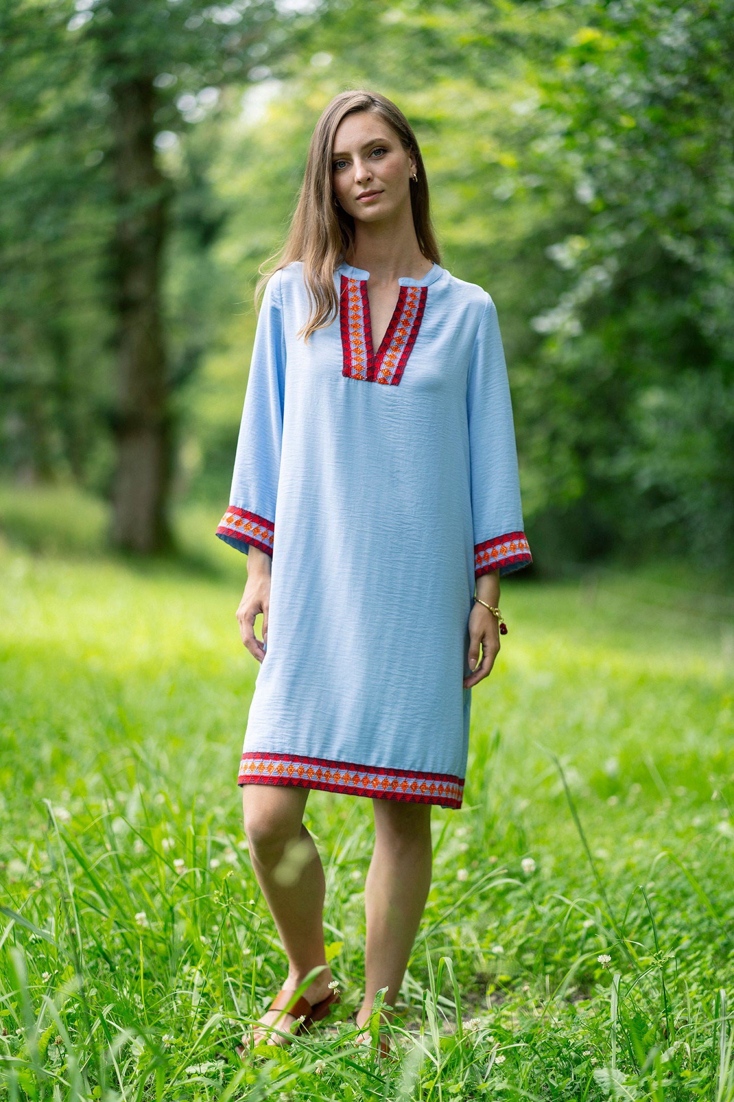 Blue Dress With Red Collar And Red Cuff
