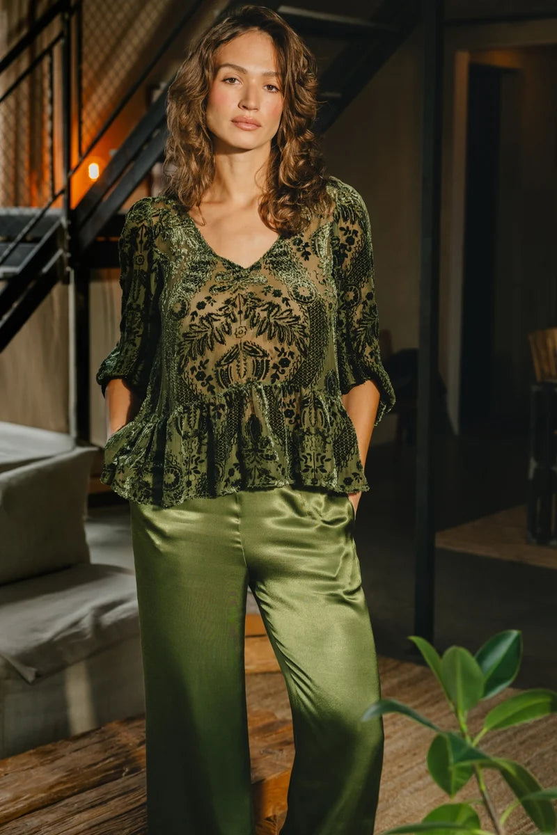 Stevie Olive Green Velvet Sparkle Top