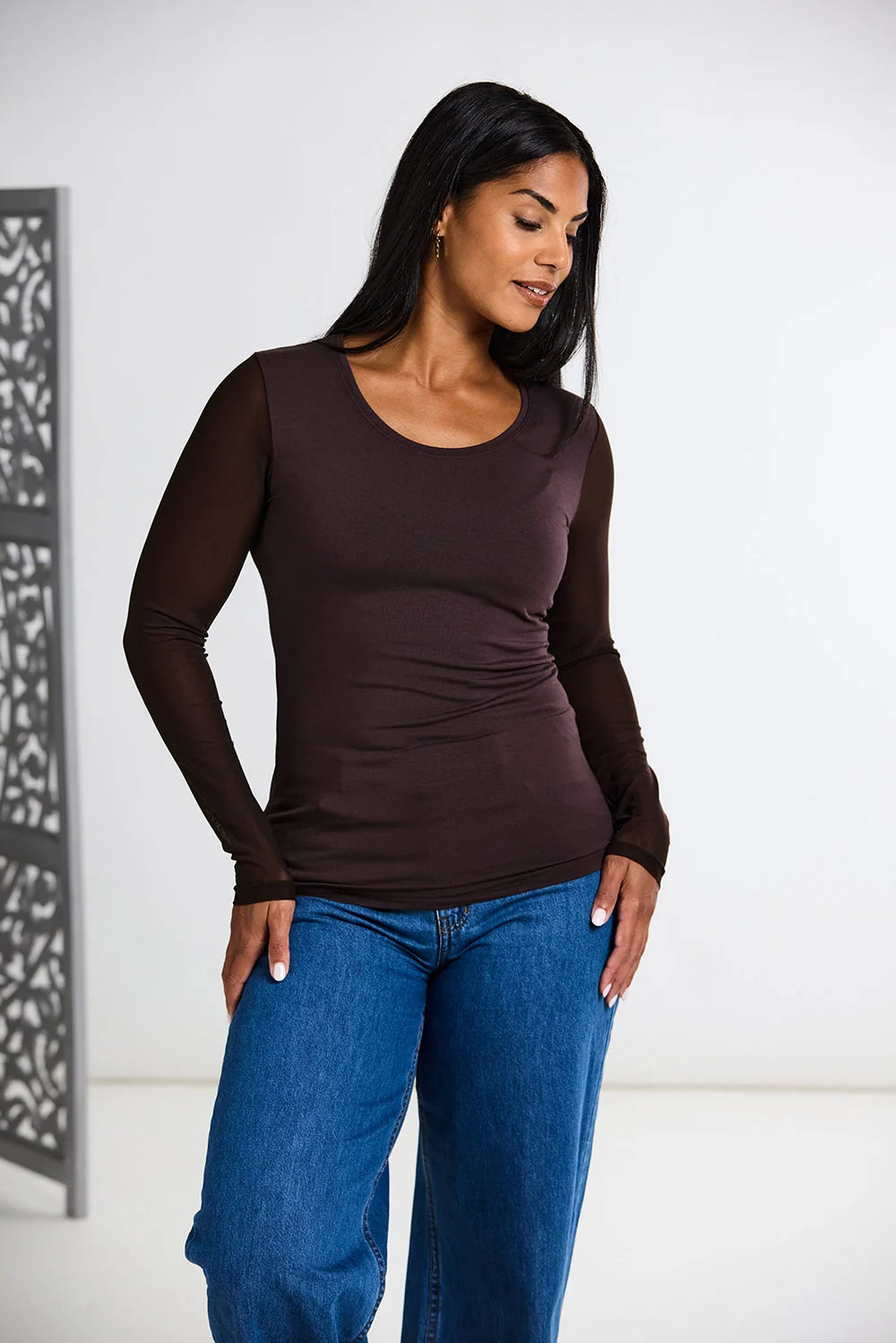 Brown Mesh Sleeve Top