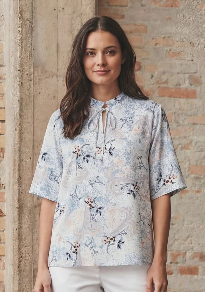 Light Blue And Orange Print Top