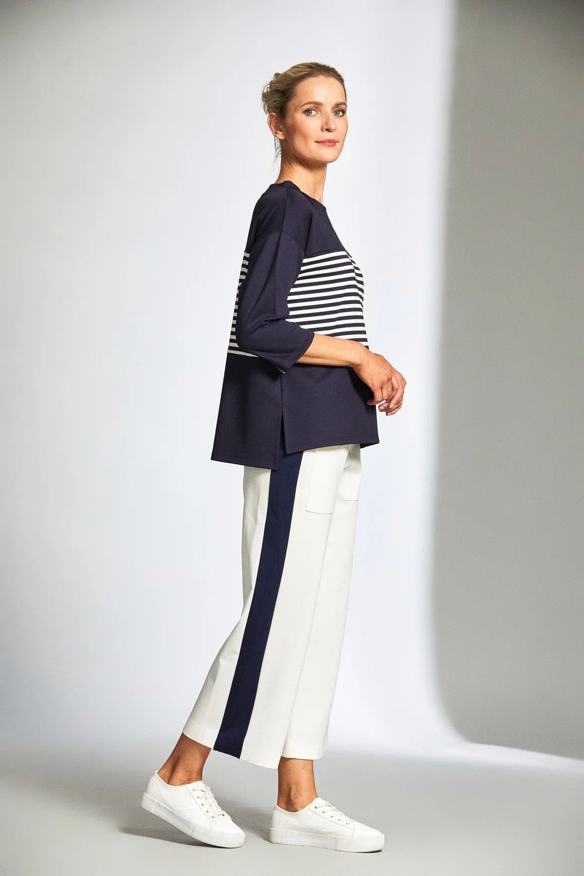 Side Stripe Crop Ecru And Navy Trouser