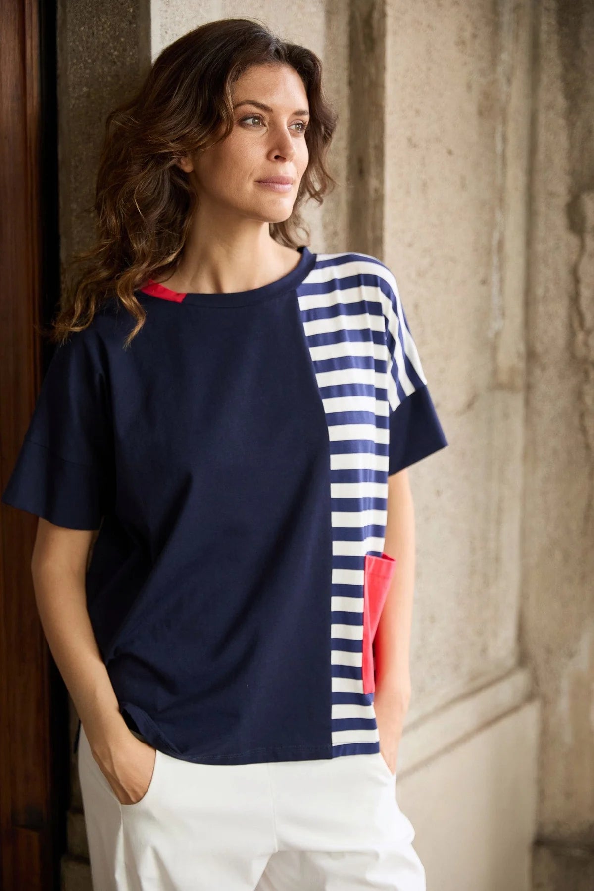 Navy & Red Stripe Top