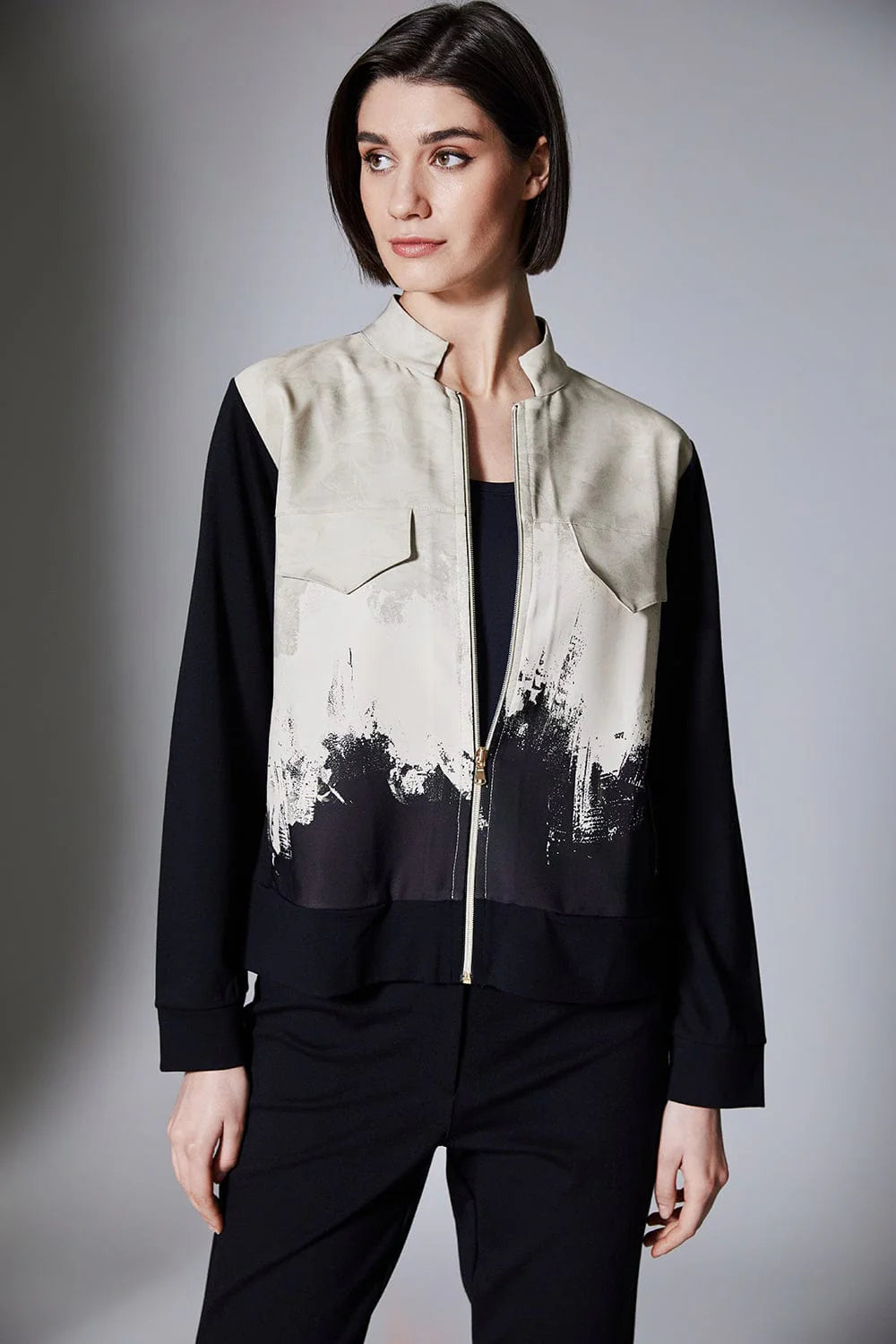 Black & Beige Print Zip Jacket