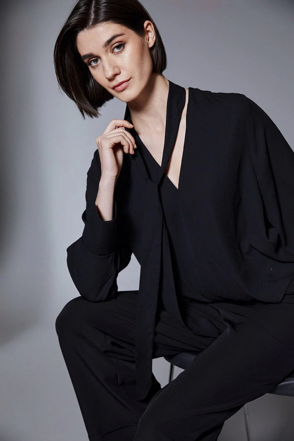 Black Cocktail Sparkle Blouse With Detachable Scarf