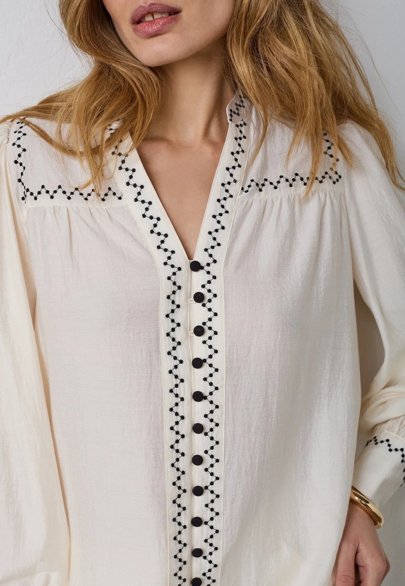 Cream Shirt With Black Stiches Detail