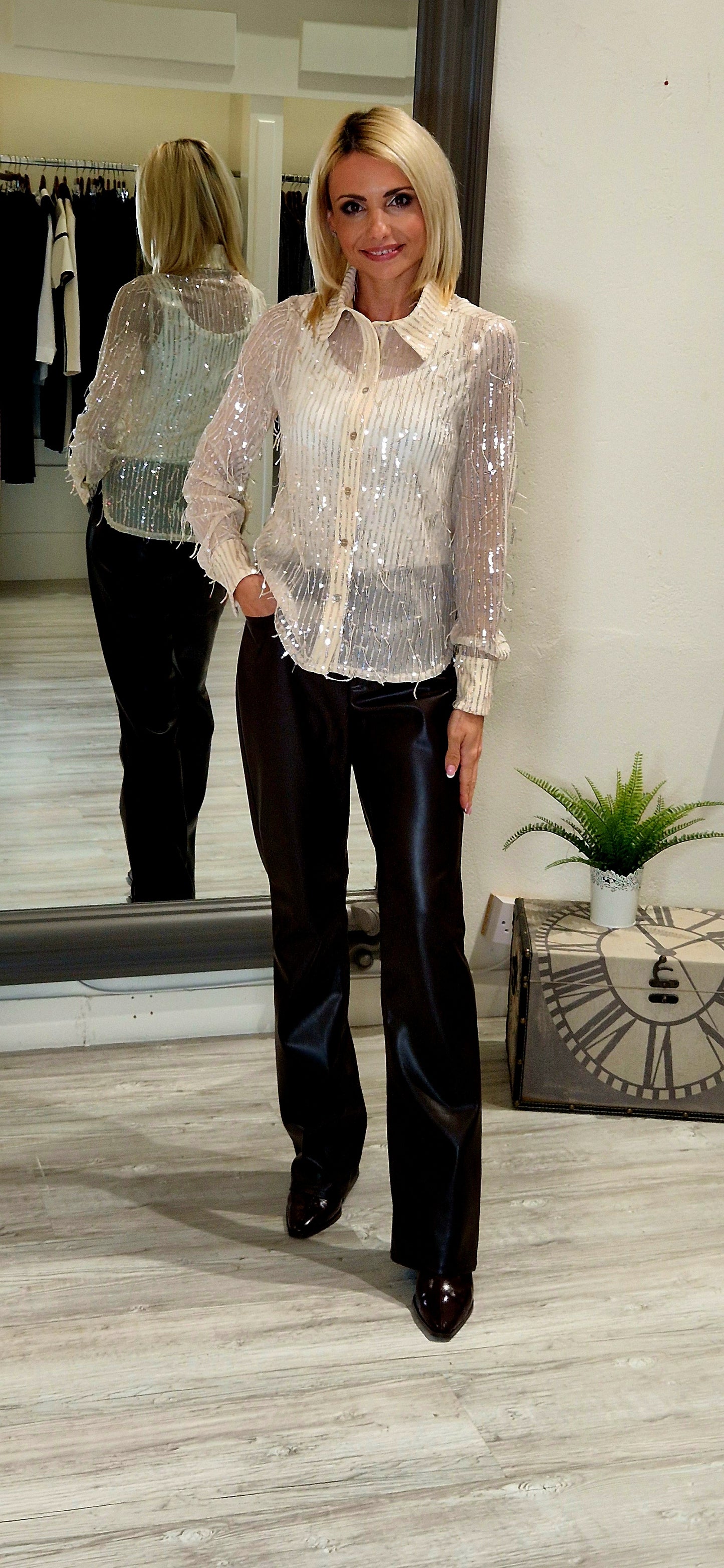 Brown Leather-look bootcut trousers