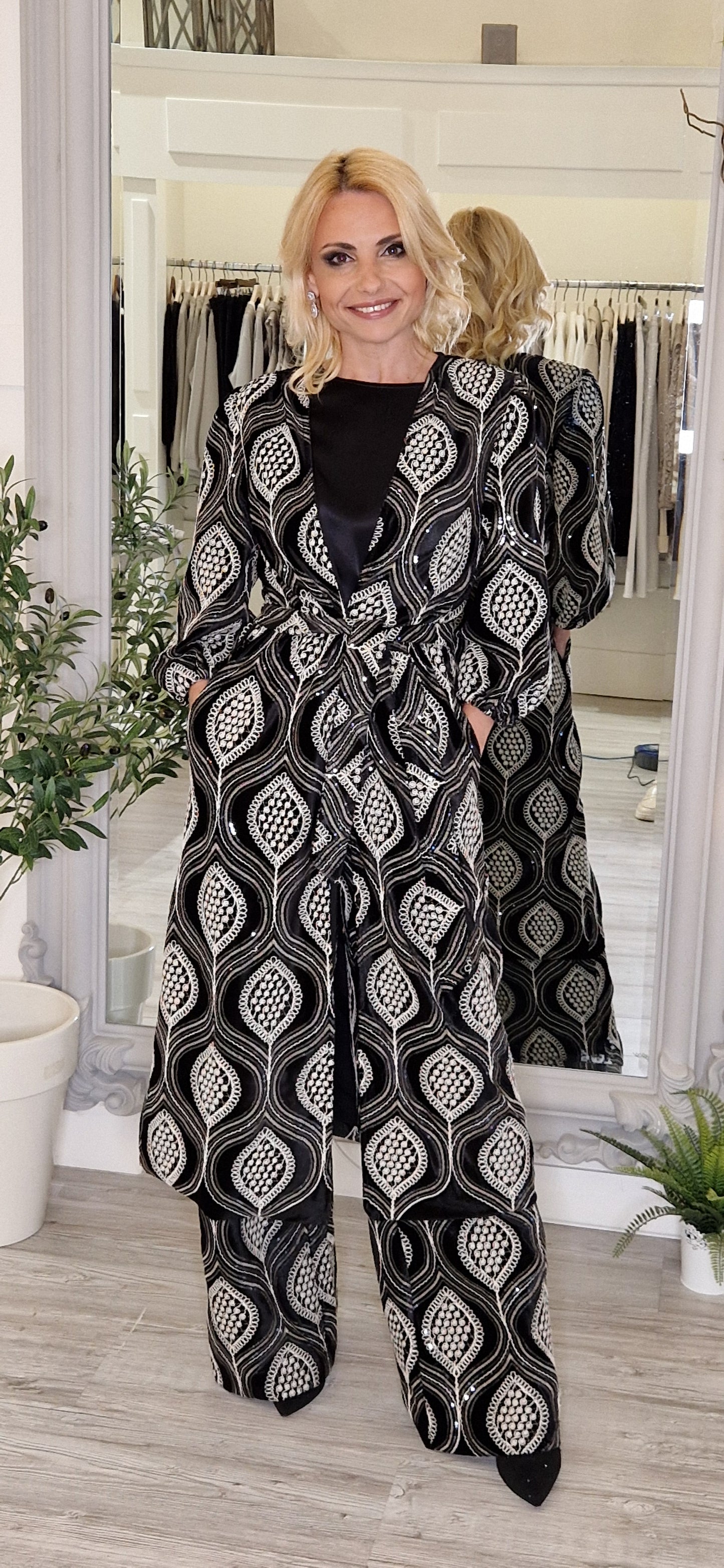 Black And Ivory Sequins Coat