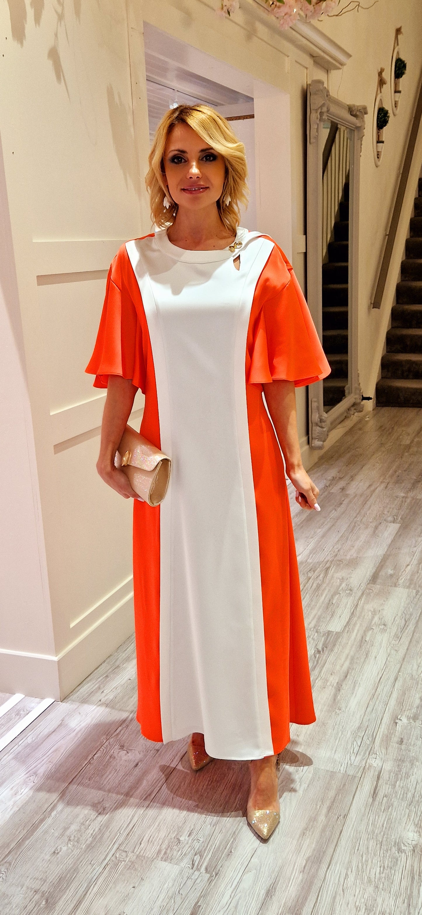 Orange And Cream Midi Dress