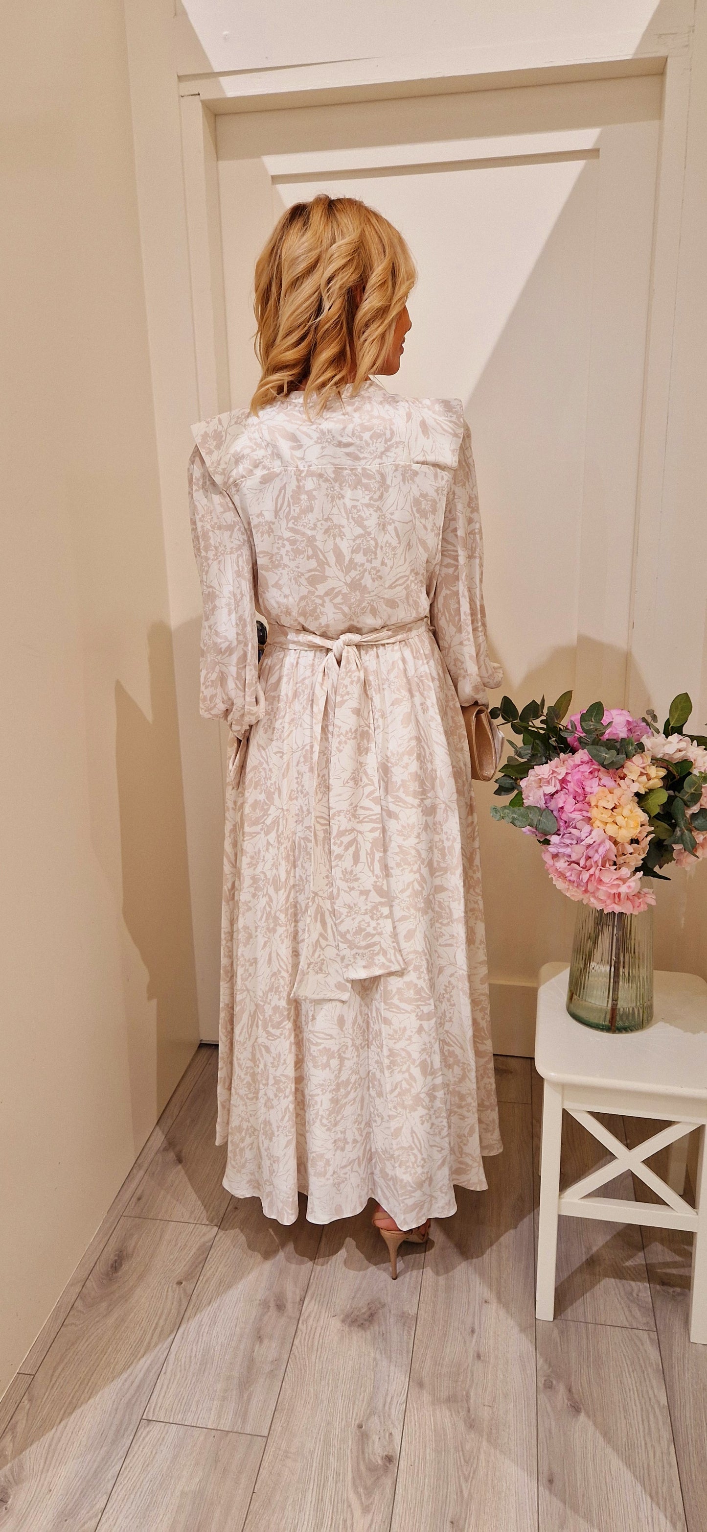 Cream And Gold Ruffle Midi Dress