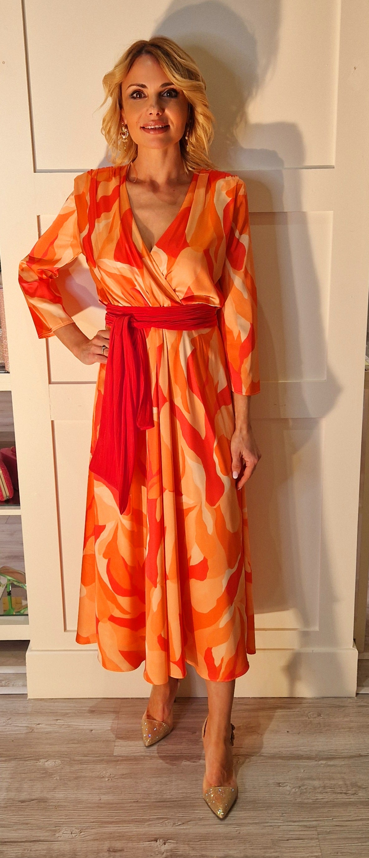 Orange And Rose Red Midi Dress