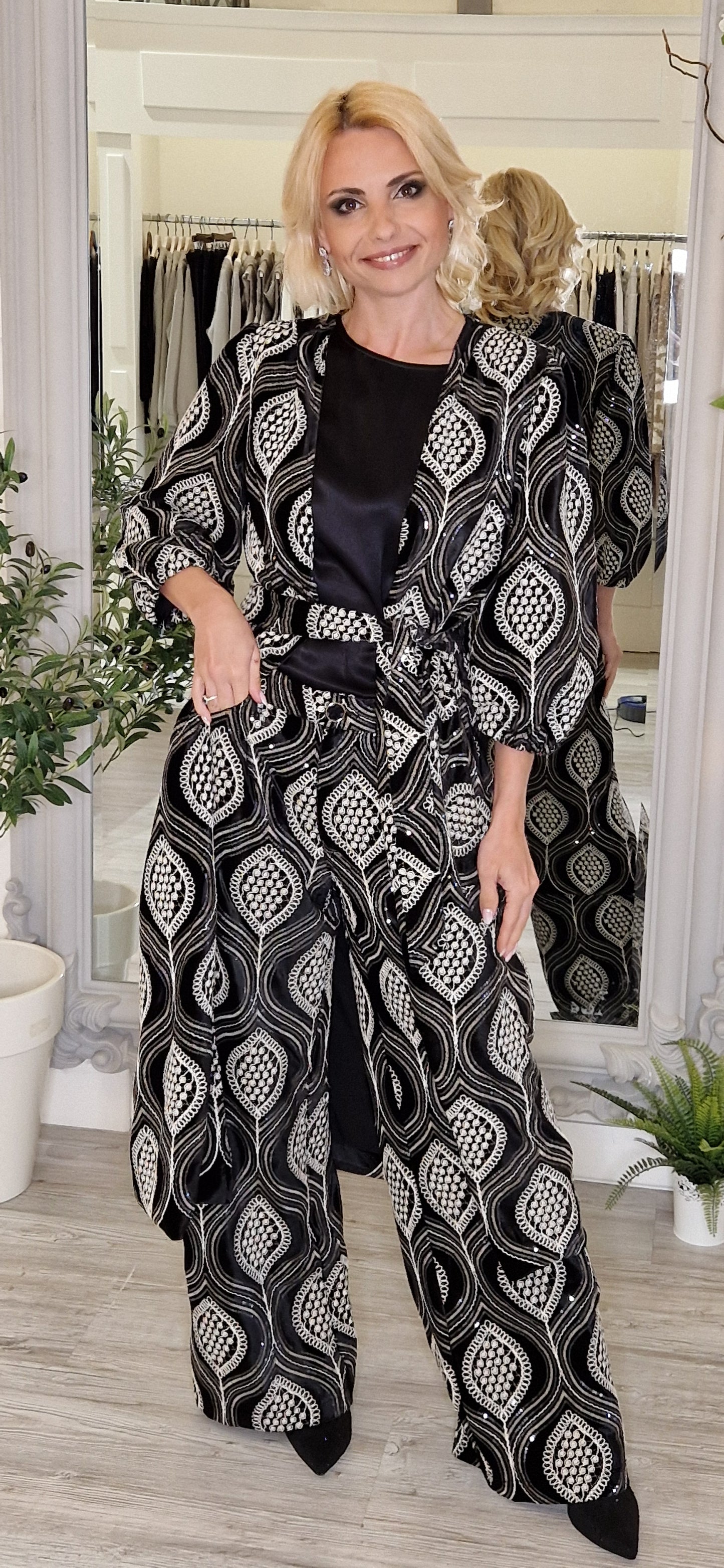 Black And Ivory Sequins Coat