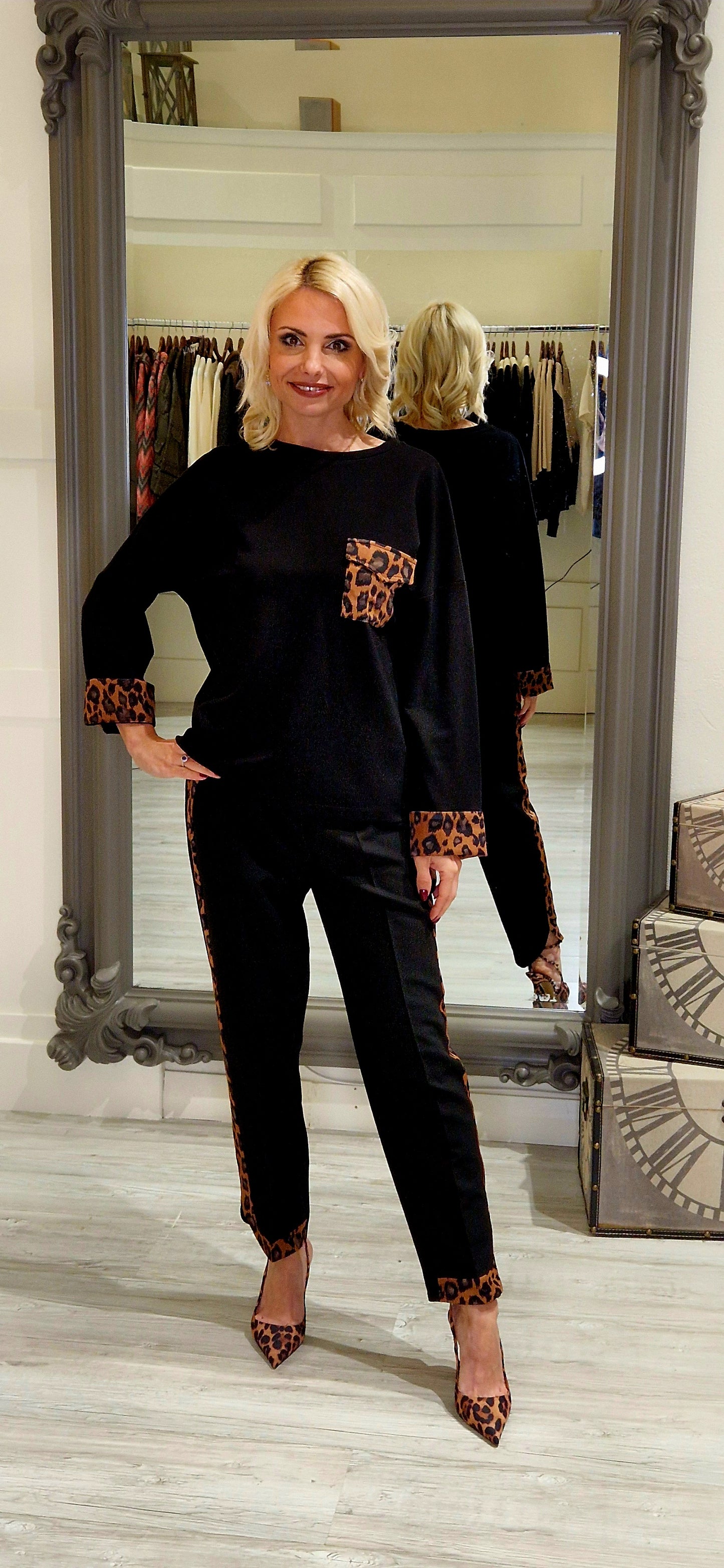 Black Leopard Seam Trousers