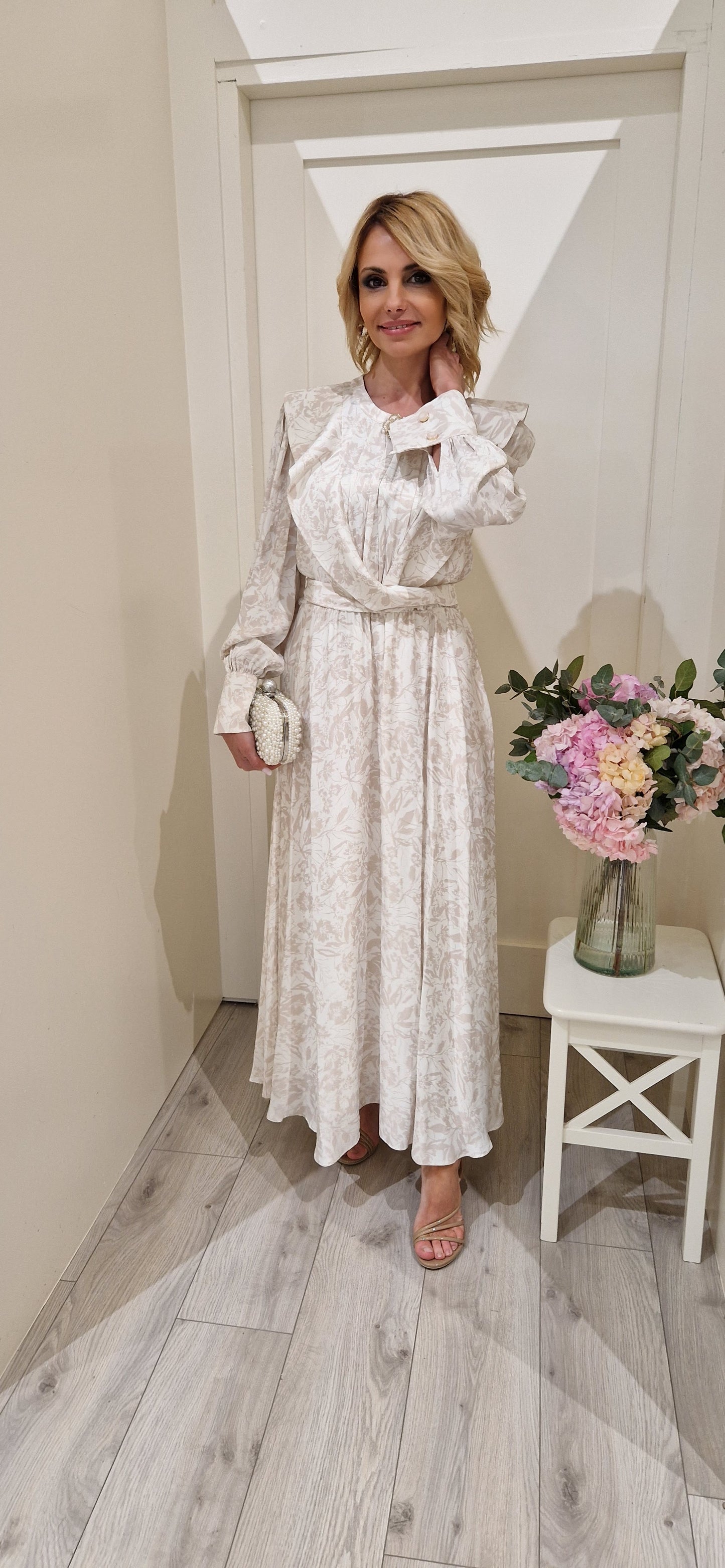 Cream And Gold Ruffle Midi Dress